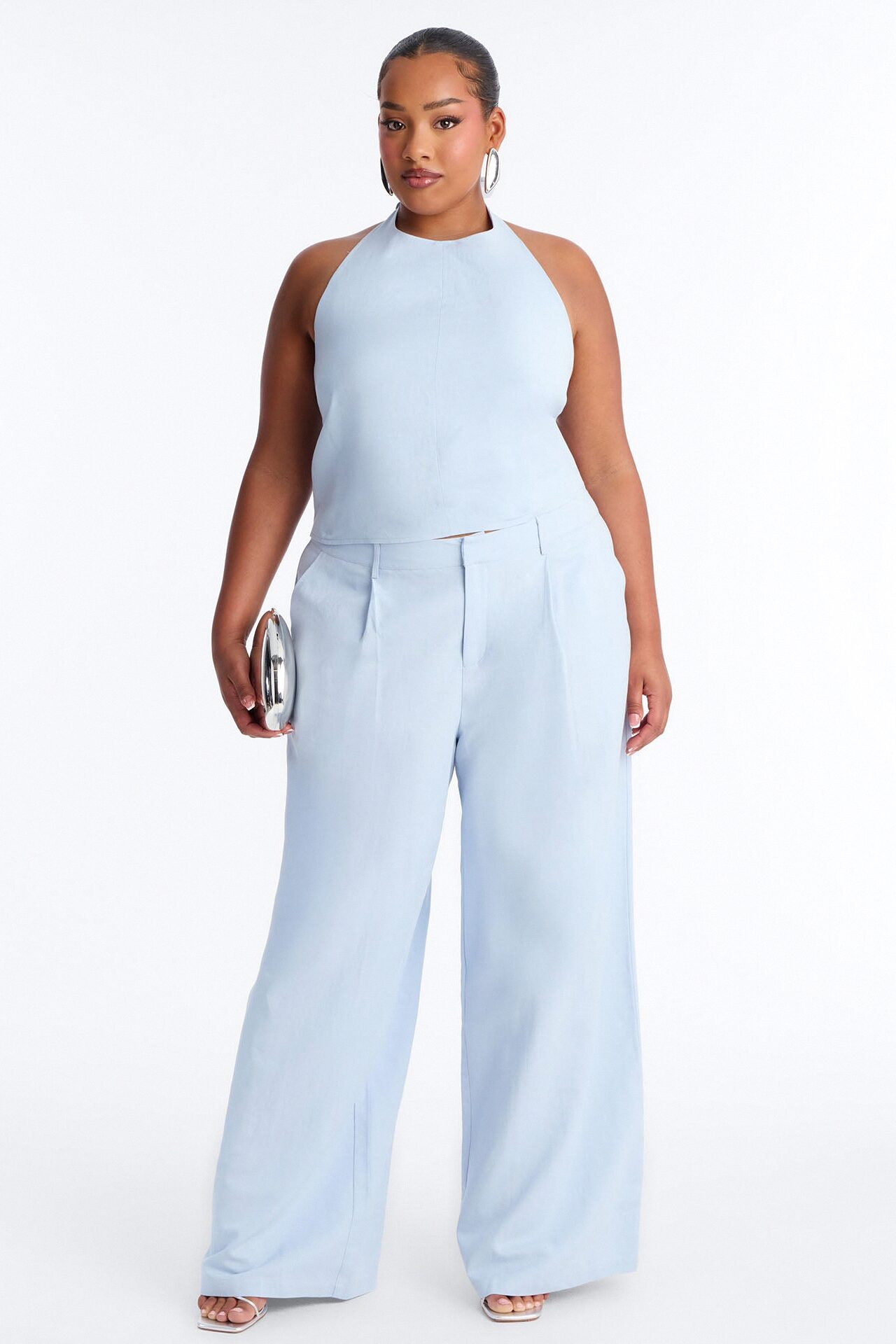 Ocean Breeze Linen Backless Halter Top - Dusty Blue
