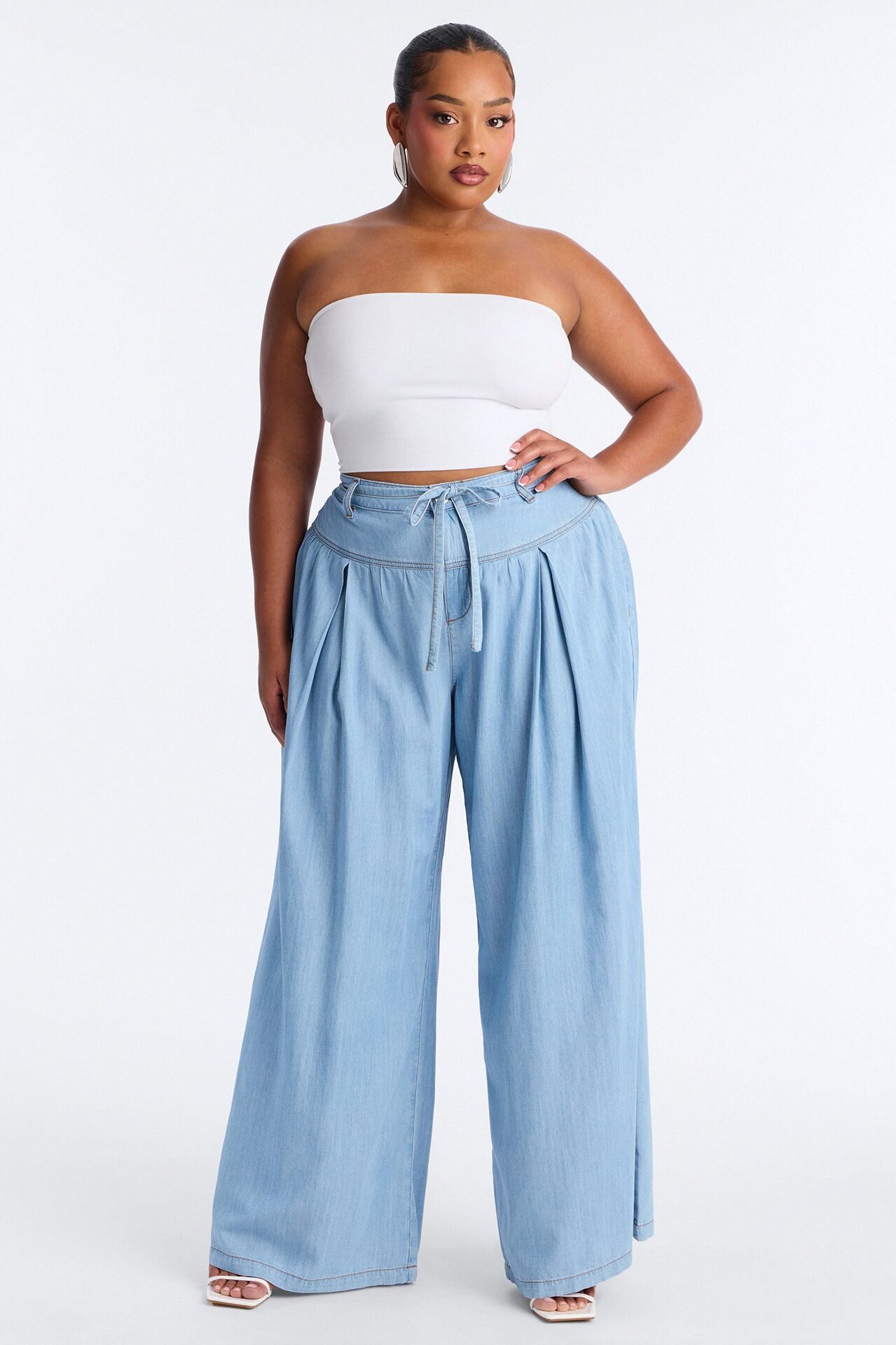 Golden Hour Chambray Tie Waist Pant 33″ - Light Wash