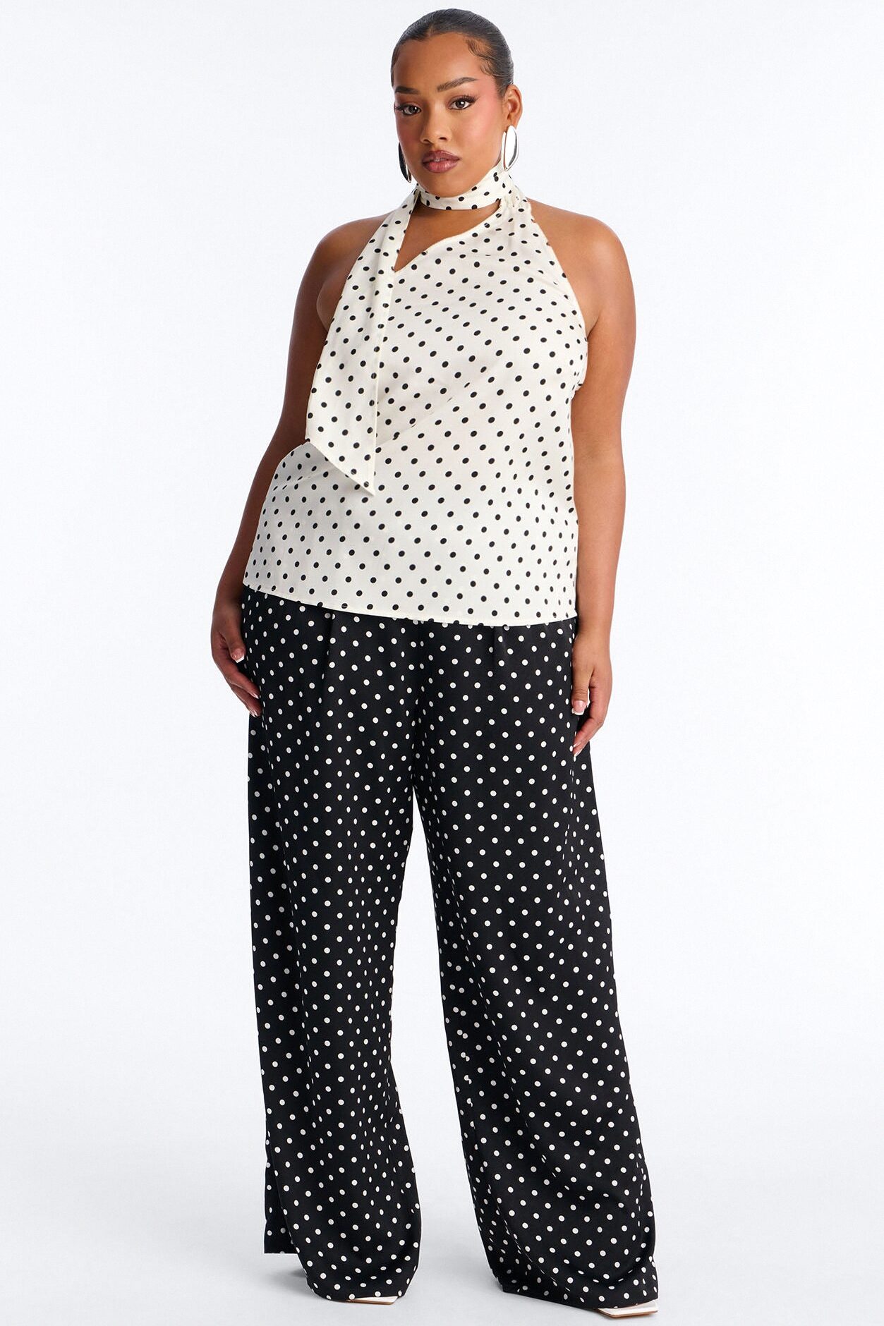 Tasha Satin Polka Dot Halter Pant Set - White/Black