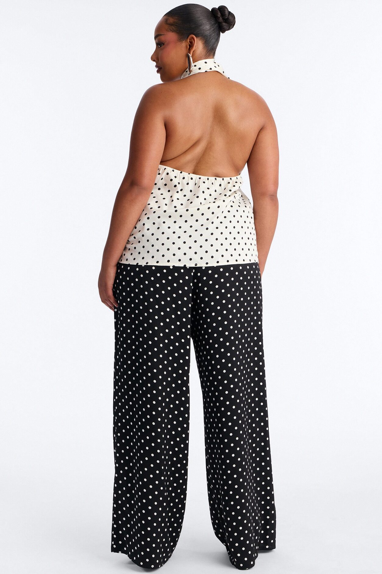 Tasha Satin Polka Dot Halter Pant Set - White/Black