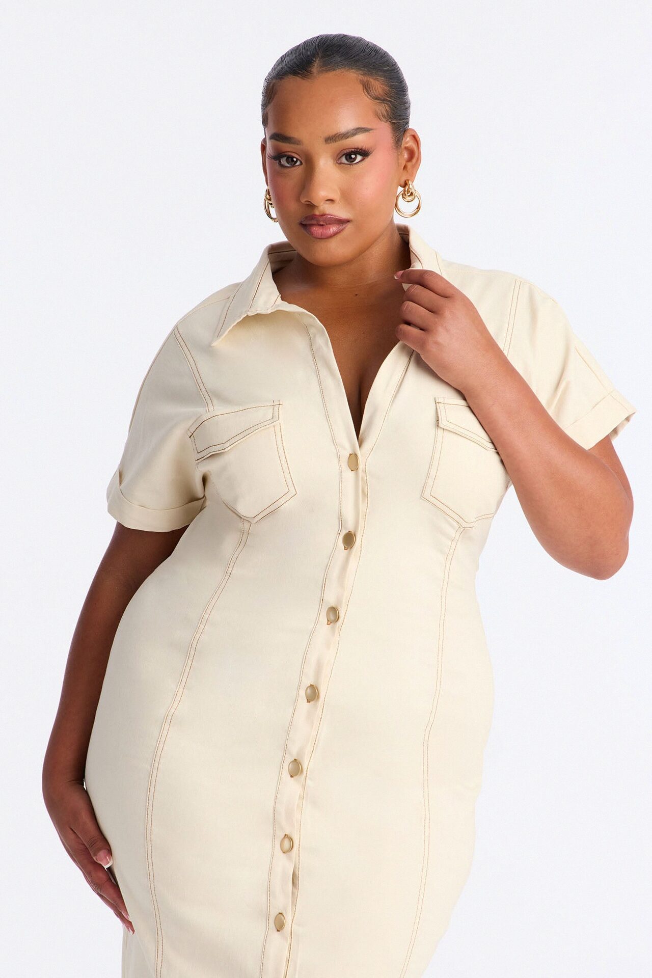 Hayley Denim Midi Dress - Cream