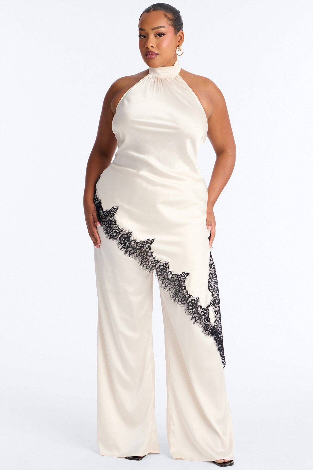 Angela Satin Lace Trim Pant Set - Cream