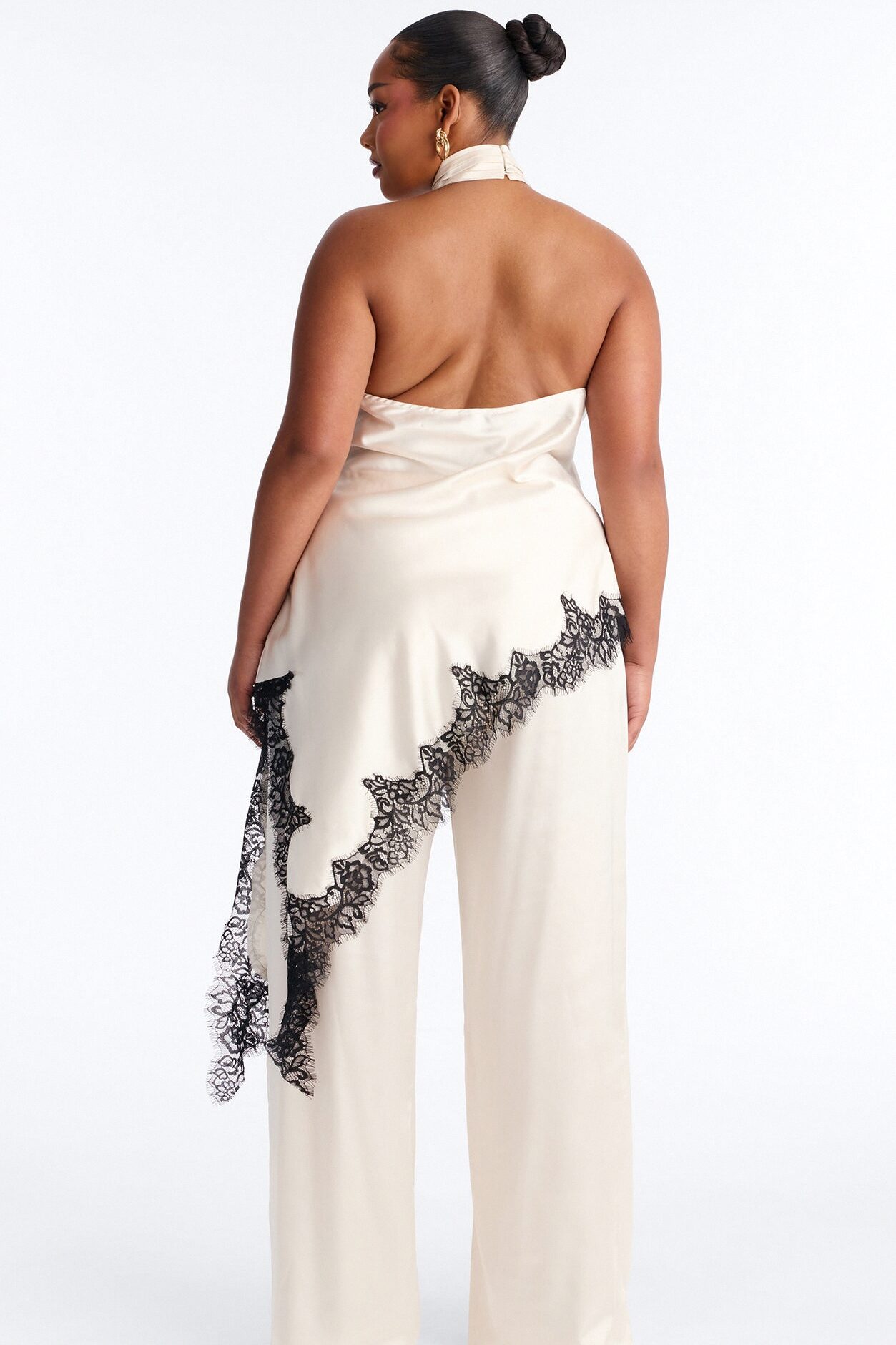 Angela Satin Lace Trim Pant Set - Cream