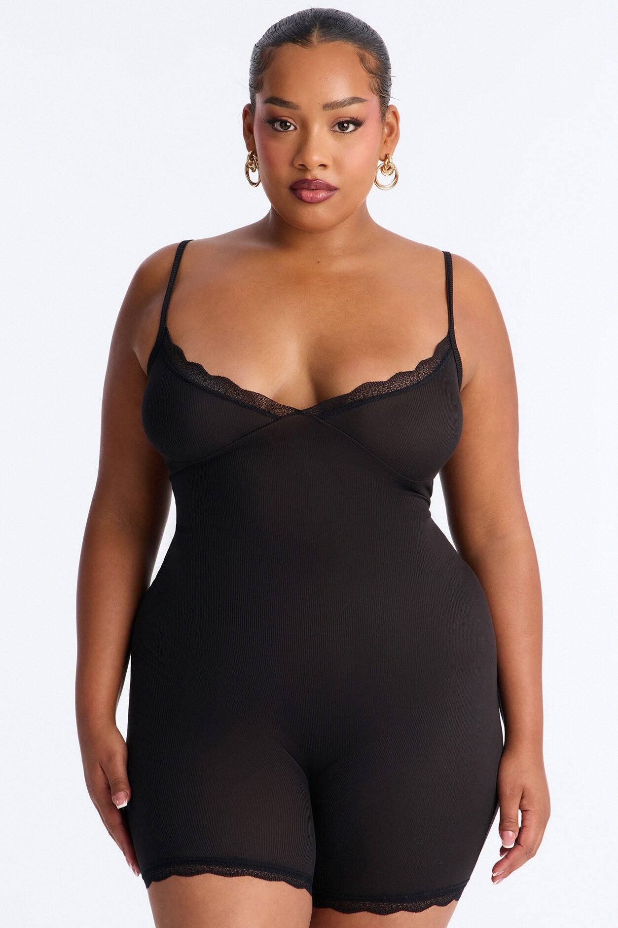 Slumber Party Cami Lace Trim PJ Romper Onesie - Black