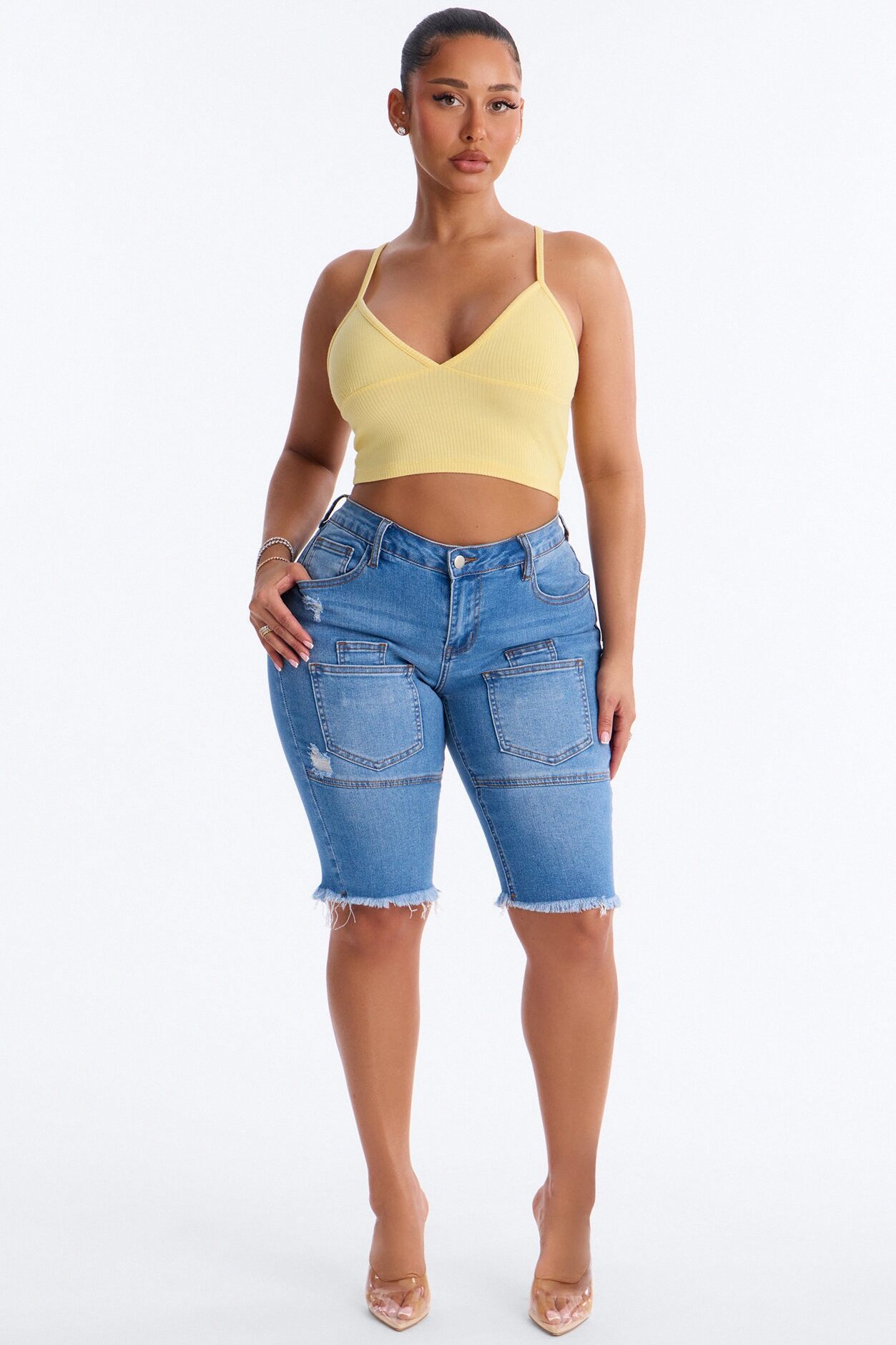 Like That Fray Hem Denim Bermuda Shorts - Medium Wash