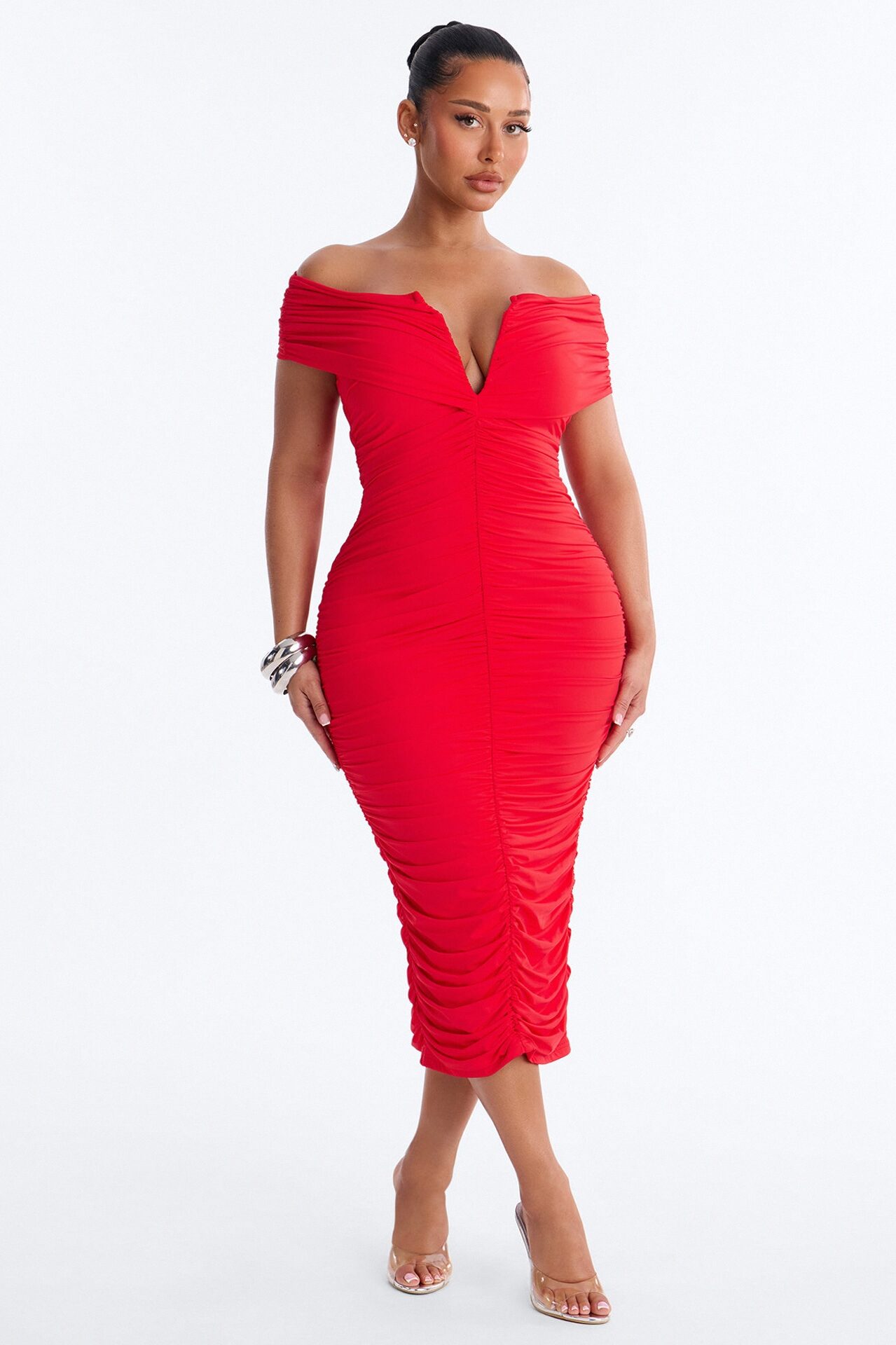Thea Ruched Off Shoulder Midi Dress - Red