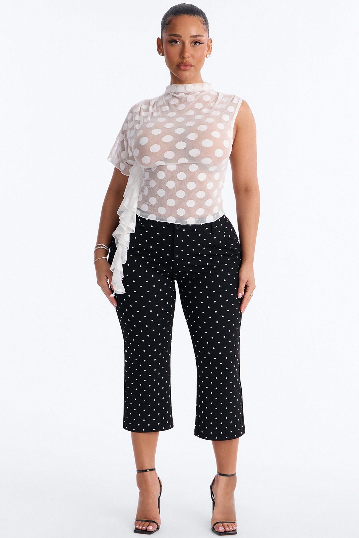 Sunday Brunch Polka Dot Mesh One Shoulder Top - White