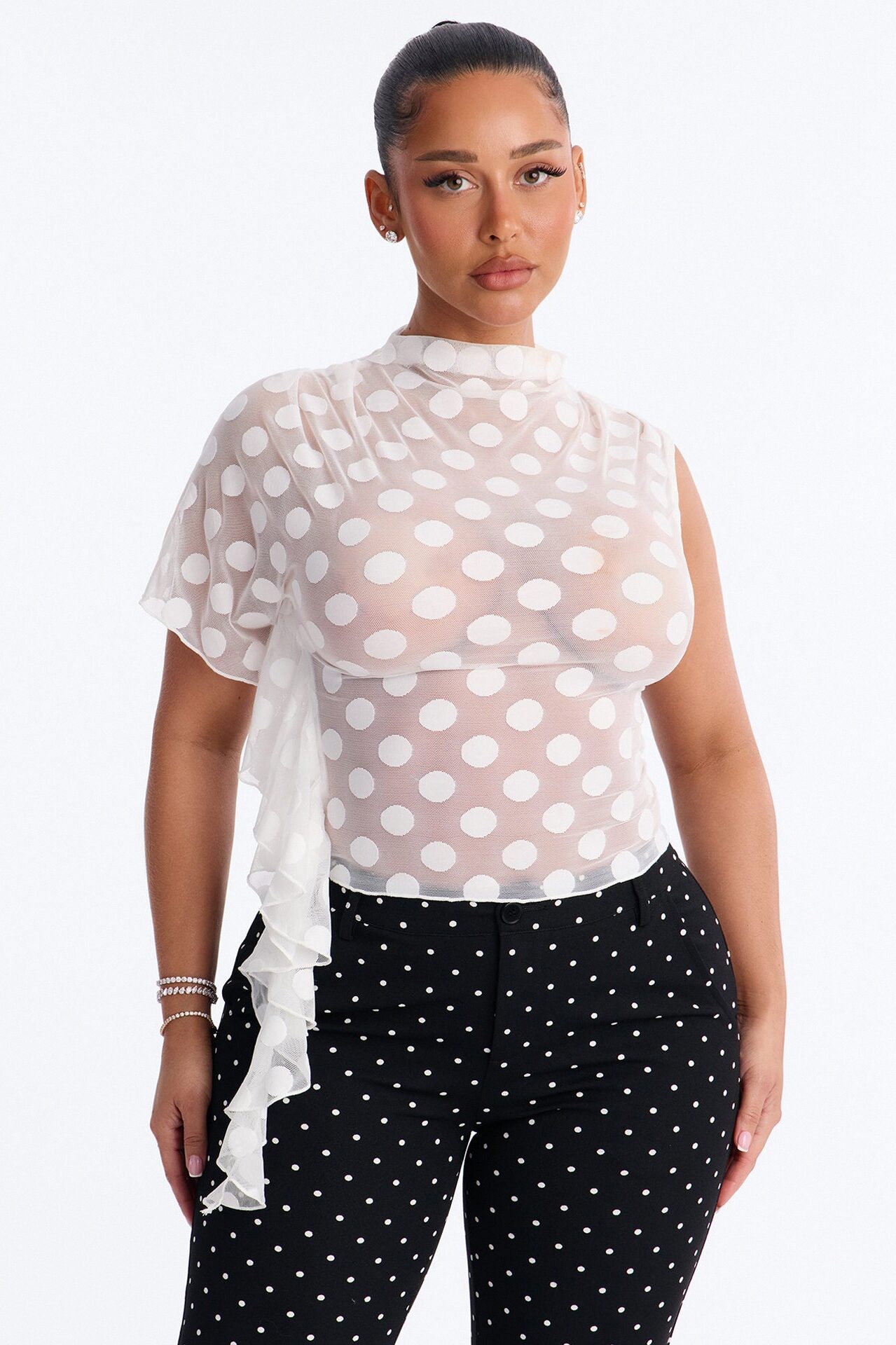 Sunday Brunch Polka Dot Mesh One Shoulder Top - White