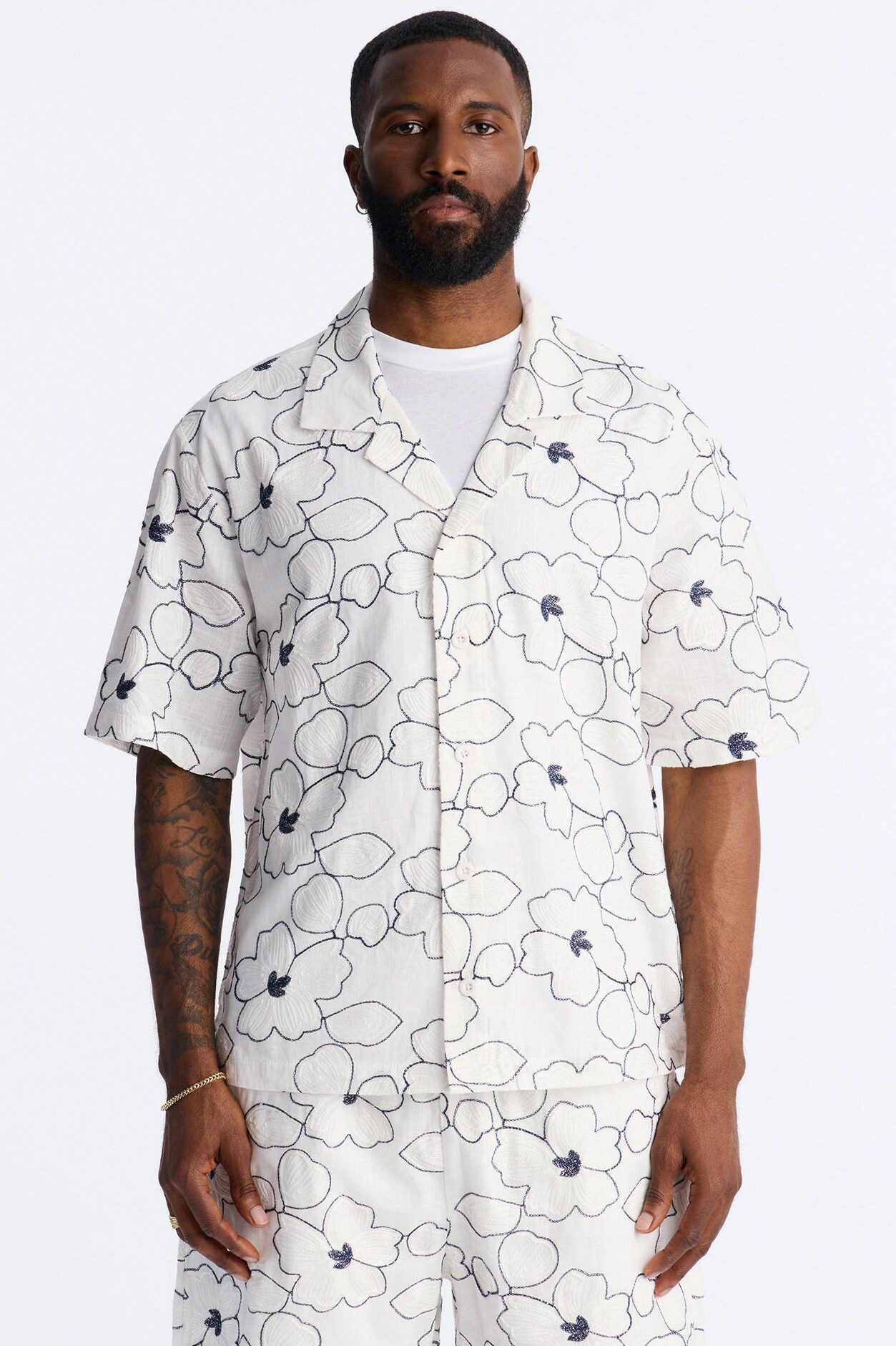 Relaxed Sand Blossom Cuban Collar Button Up Shirt - White/combo