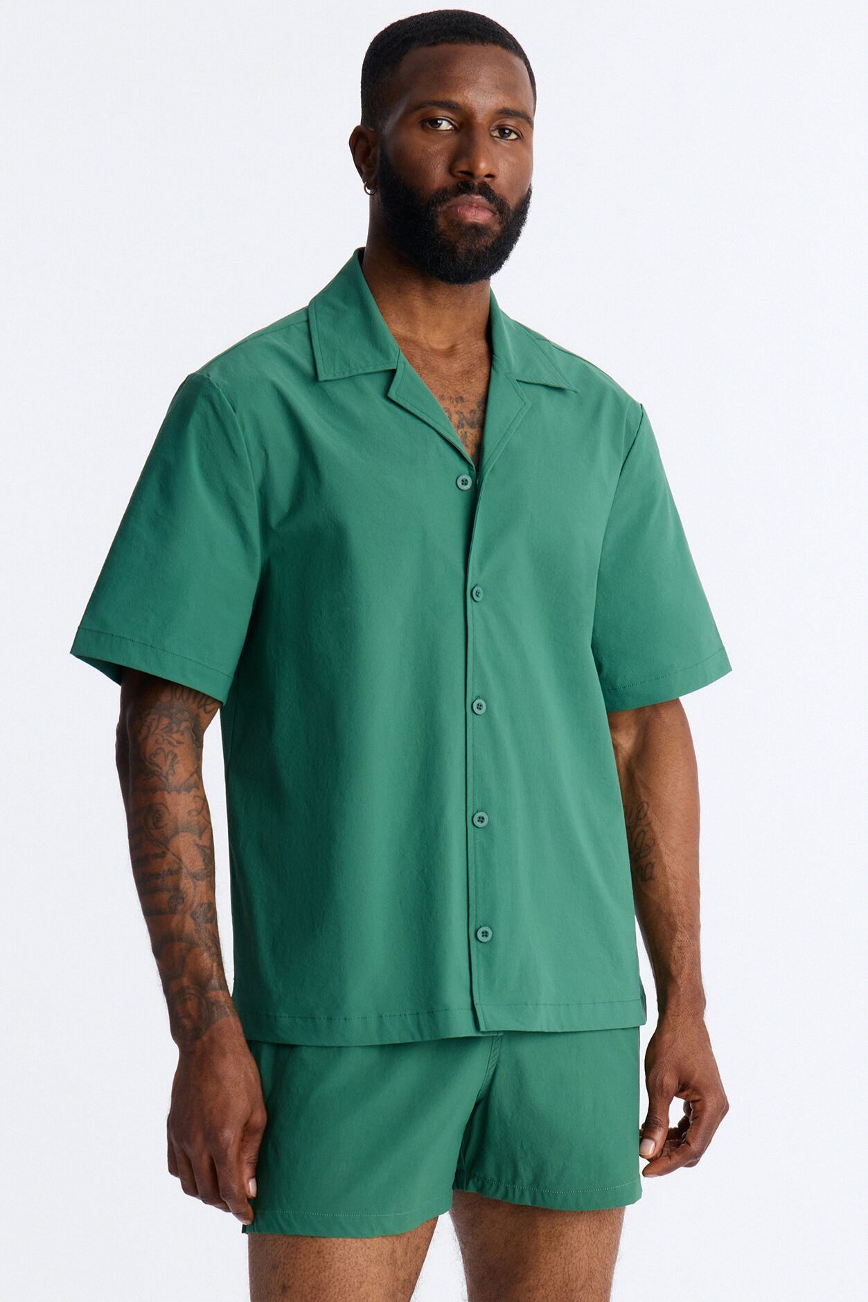 Montez Cuban Collar Button Up Shirt - Hunter Green