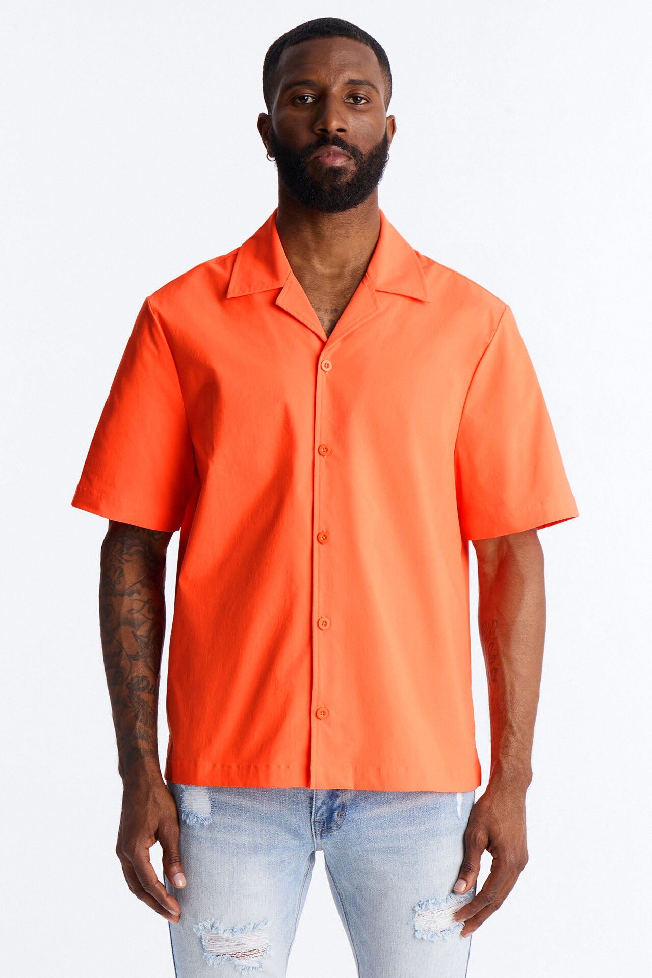 Montez Cuban Collar Button Up Shirt - Orange