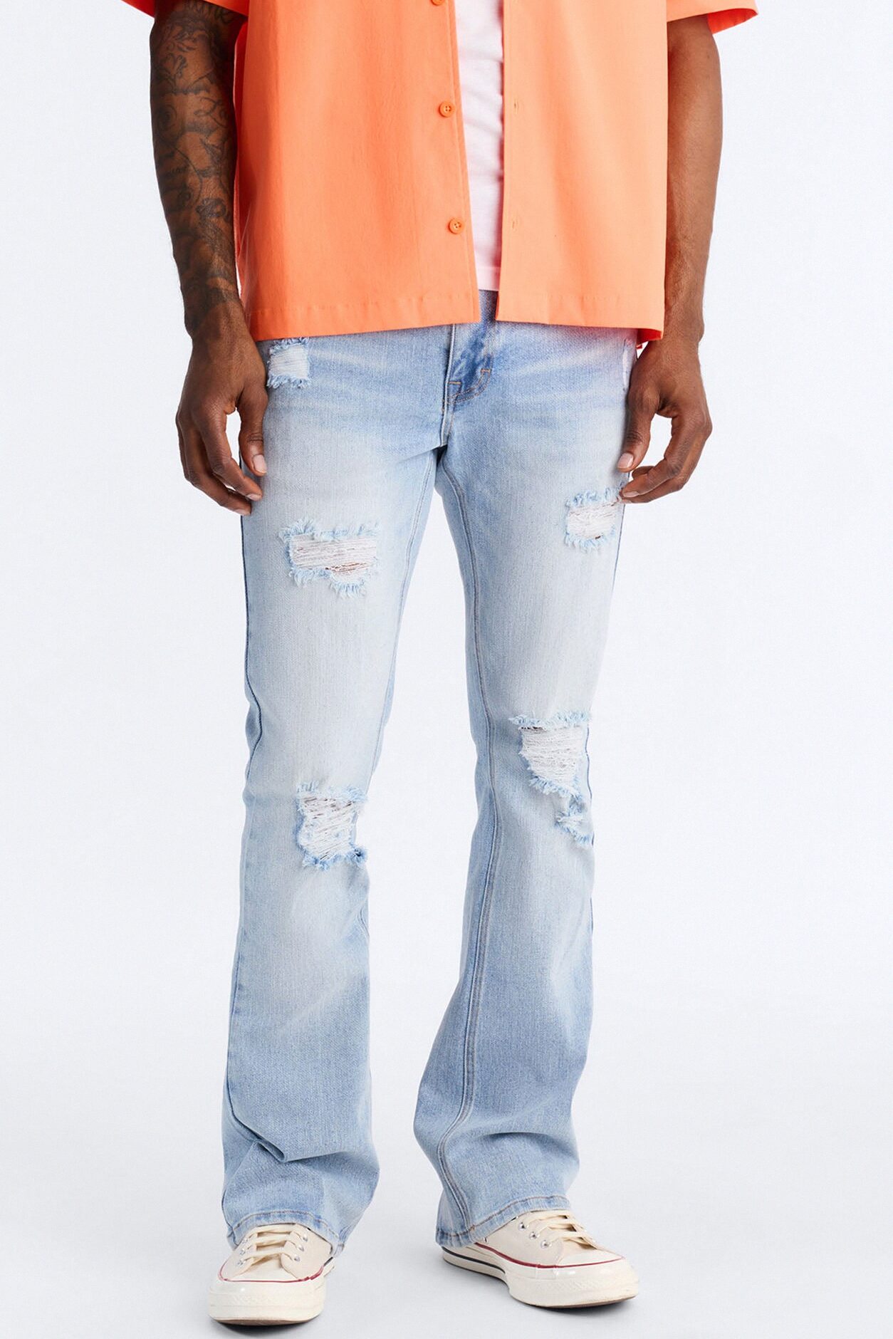 Essential Destroyed Stacked Skinny Flare Stretch Jean - Light Blue Wash