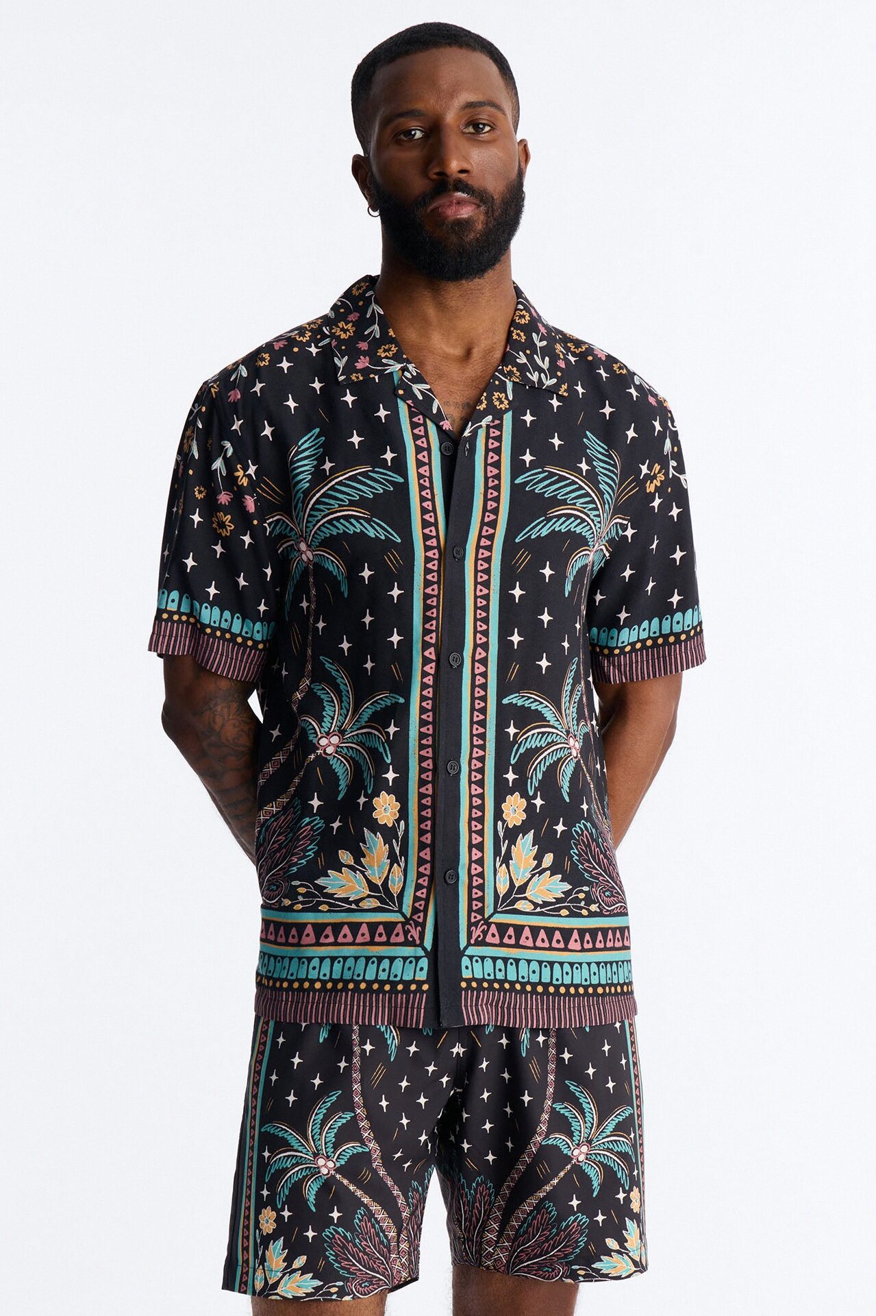 Tropical Twilight Resort Short Sleeve Cuban Collar Shirt - Black