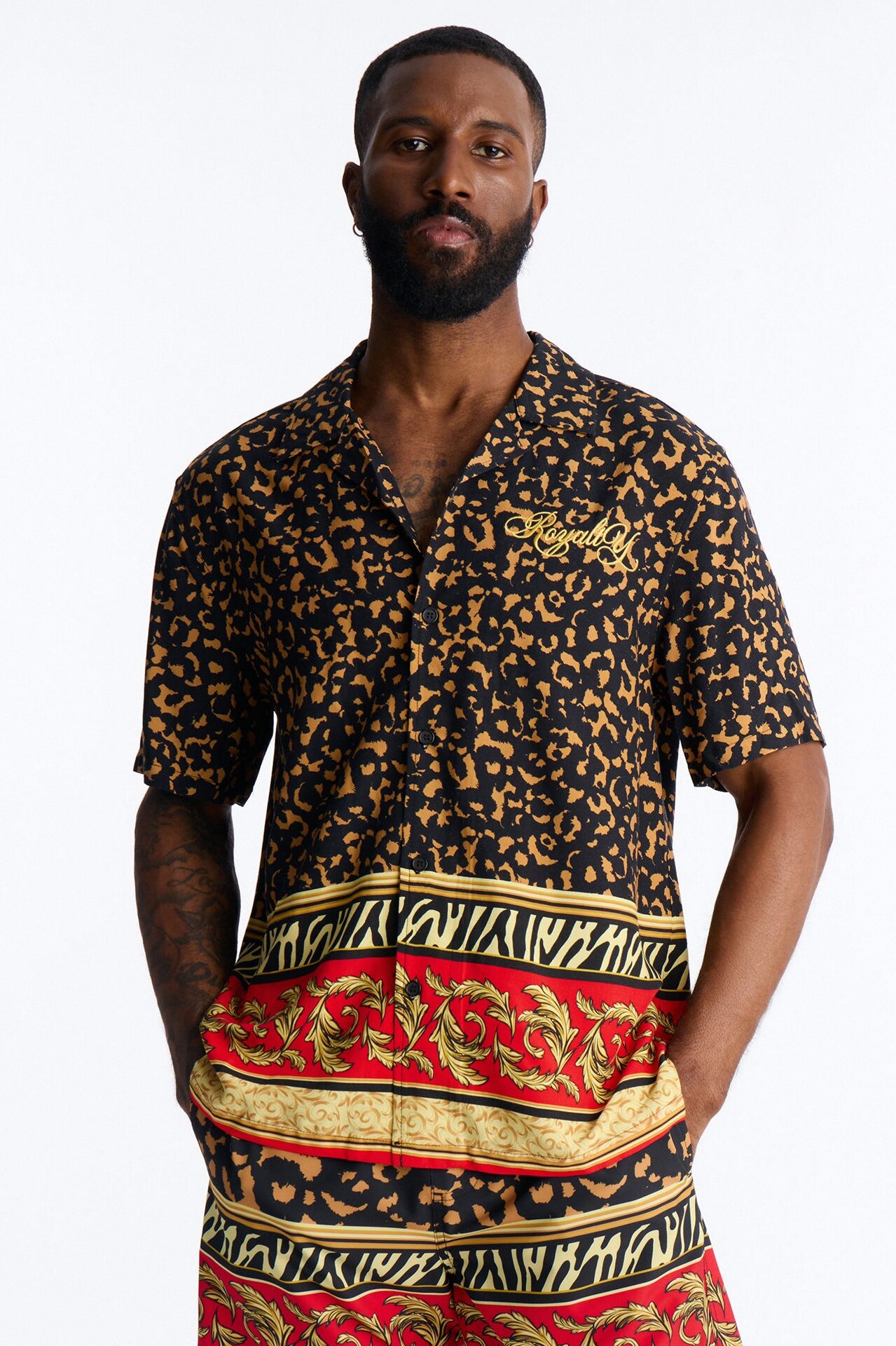 Animal Instincts Paneled Cuban Collar Short Sleeve Shirt - Leopard
