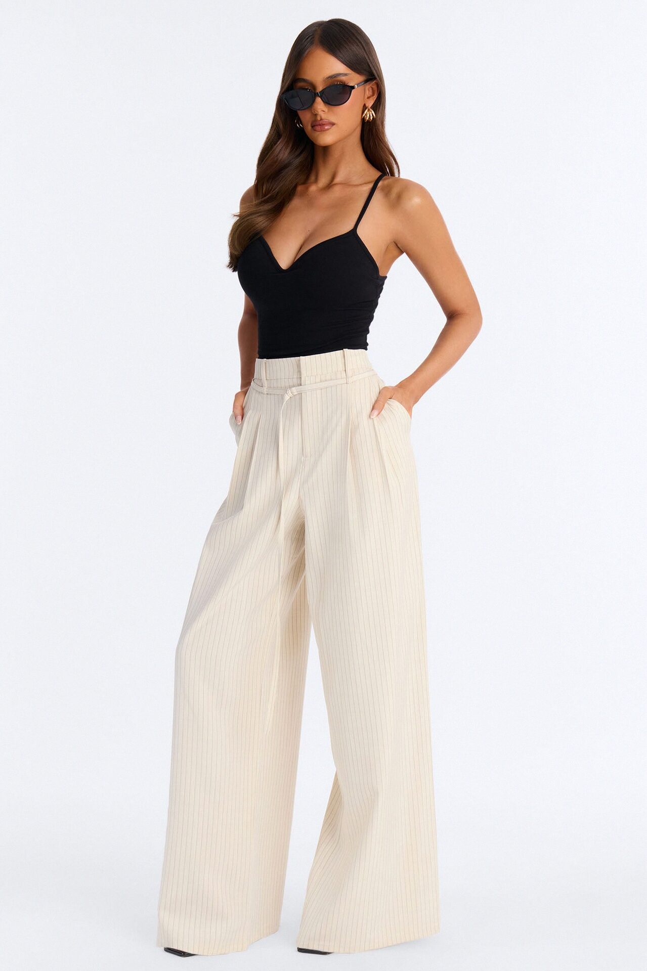 Old Money Feel Pinstripe Belted Trouser Pant 33″ - Beige