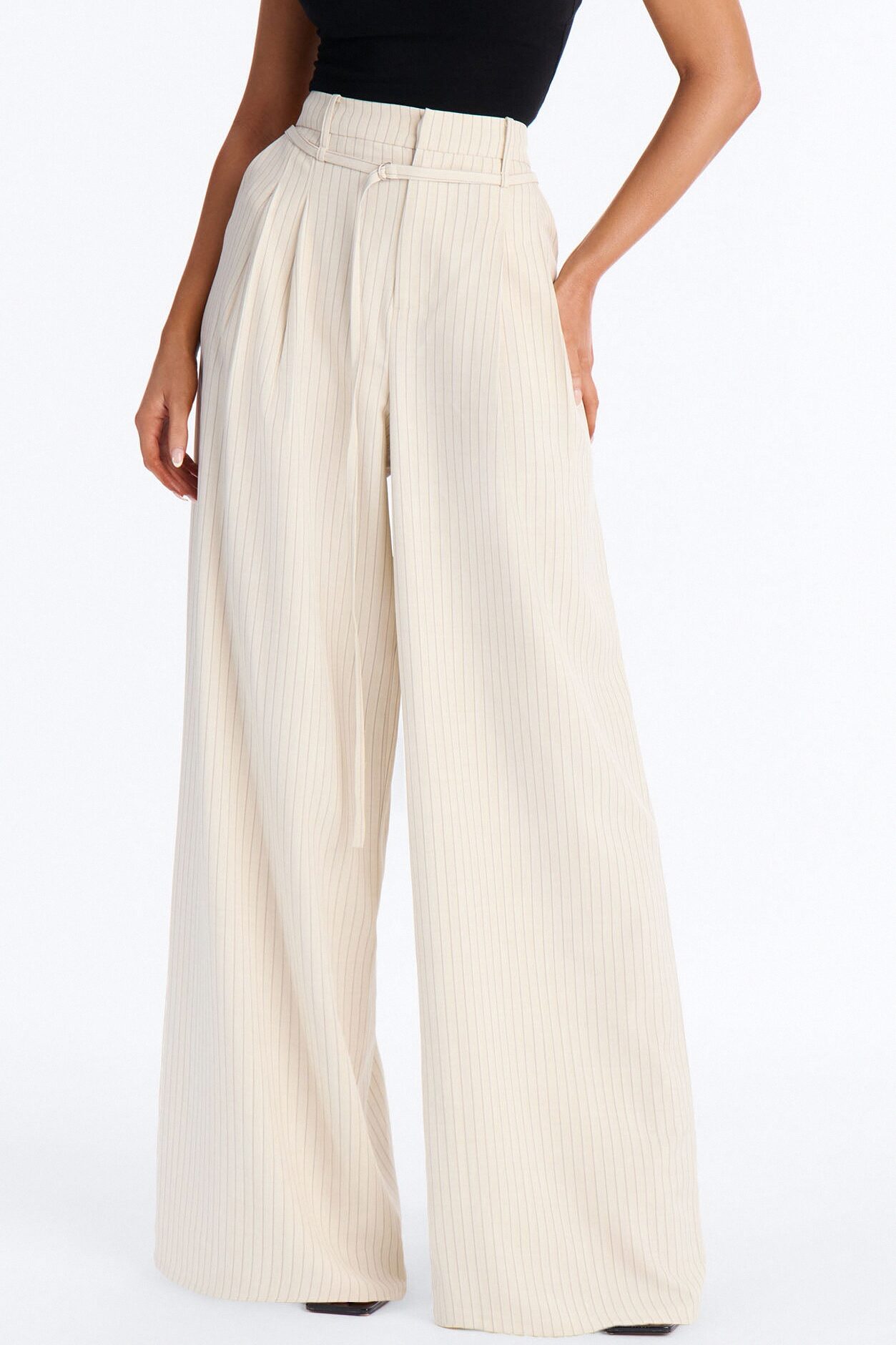 Old Money Feel Pinstripe Belted Trouser Pant 33″ - Beige