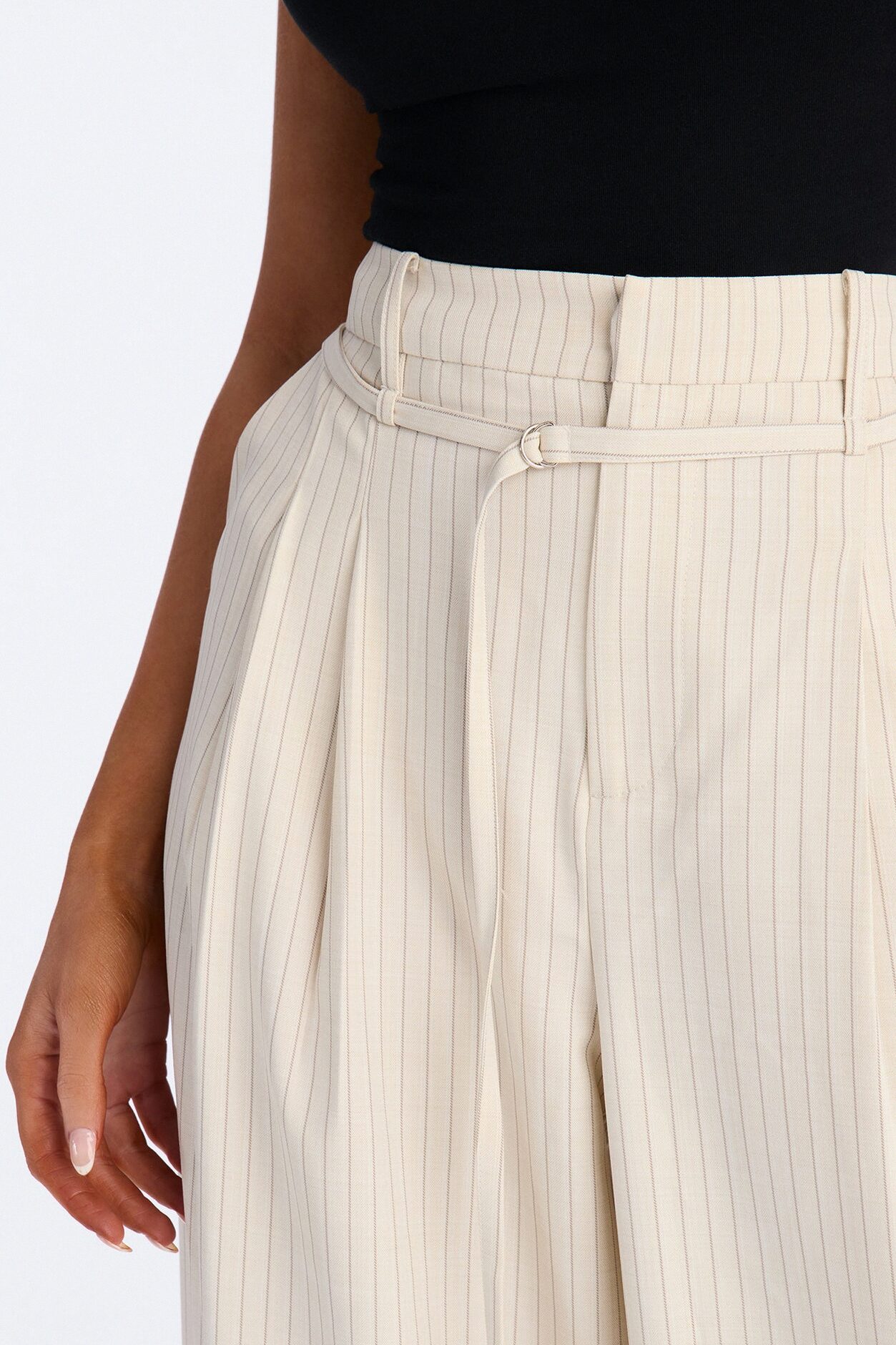 Old Money Feel Pinstripe Belted Trouser Pant 33″ - Beige