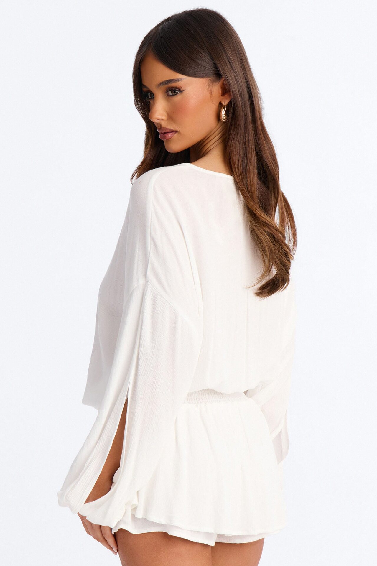 Layna Long Sleeve Flowy Romper - White