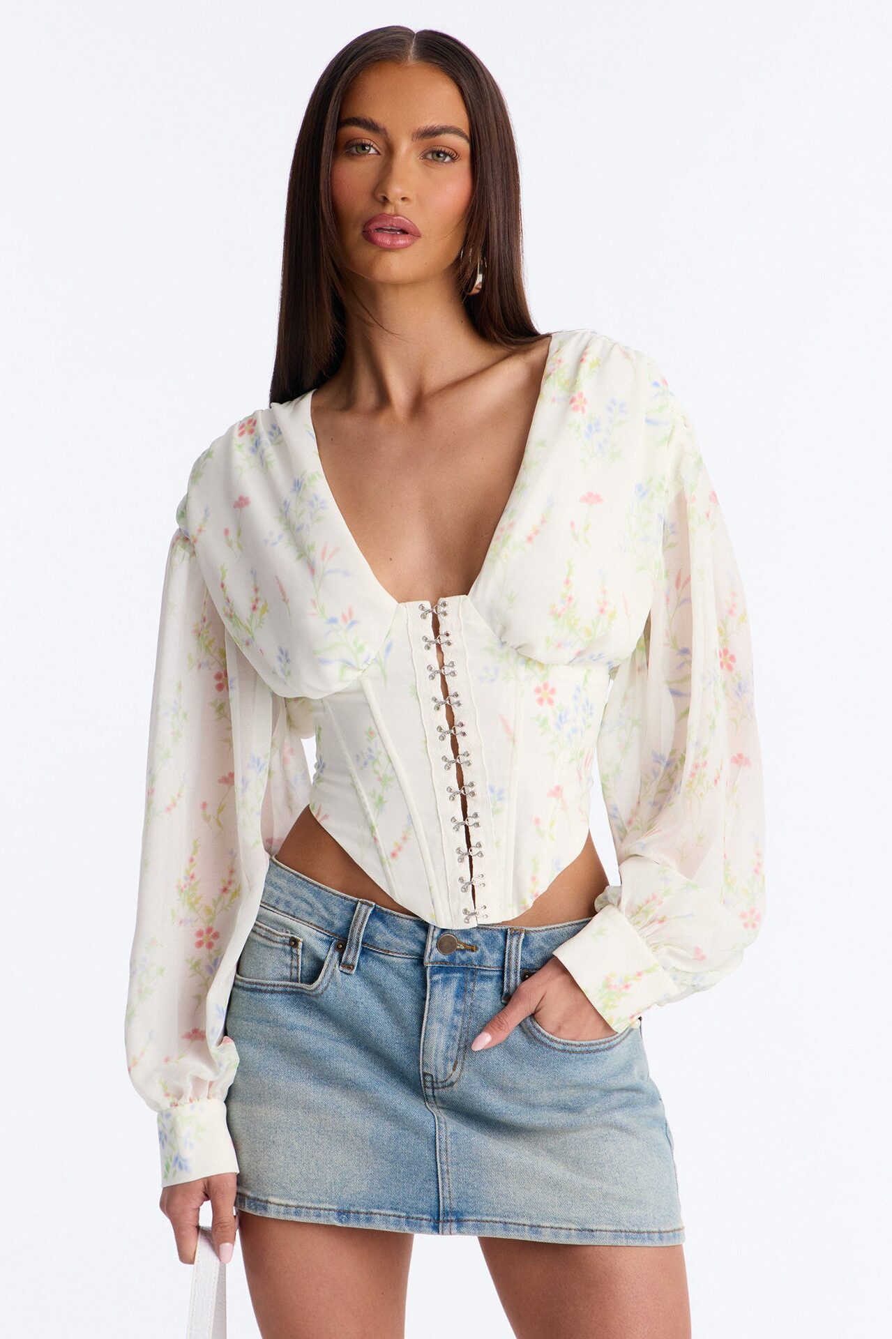 Darling Days Ruched Floral Chiffon Corset - Sage/combo