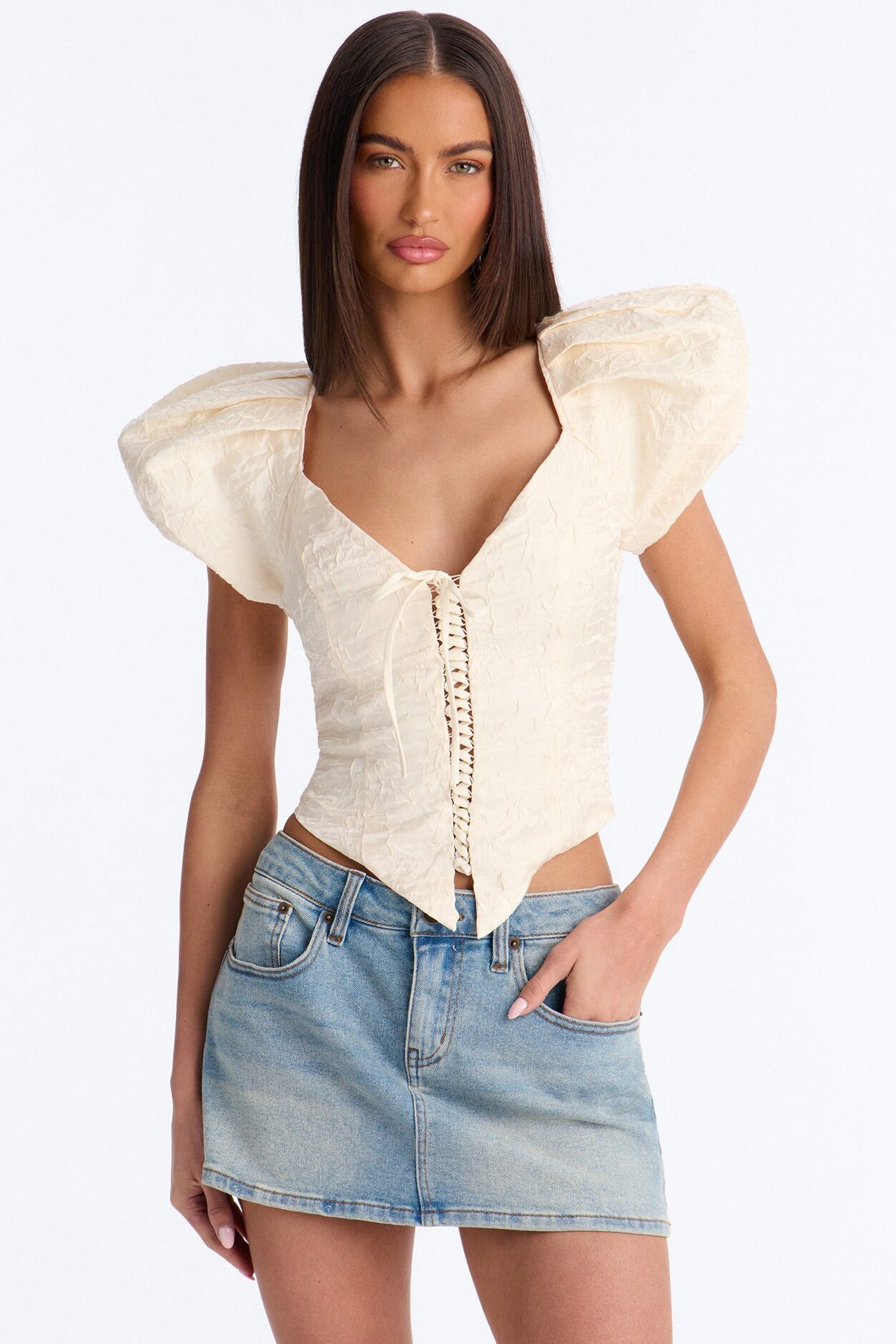 Royal Attitude Puff Sleeve Lace Up Top - Cream