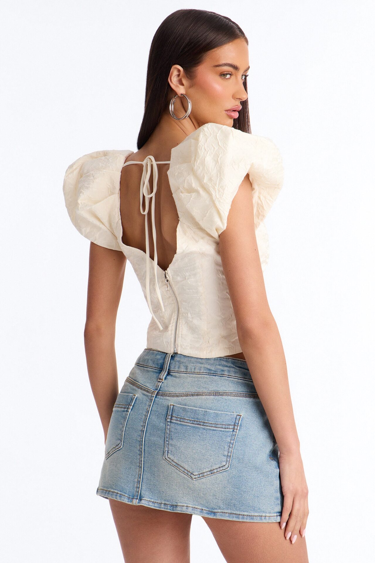 Royal Attitude Puff Sleeve Lace Up Top - Cream