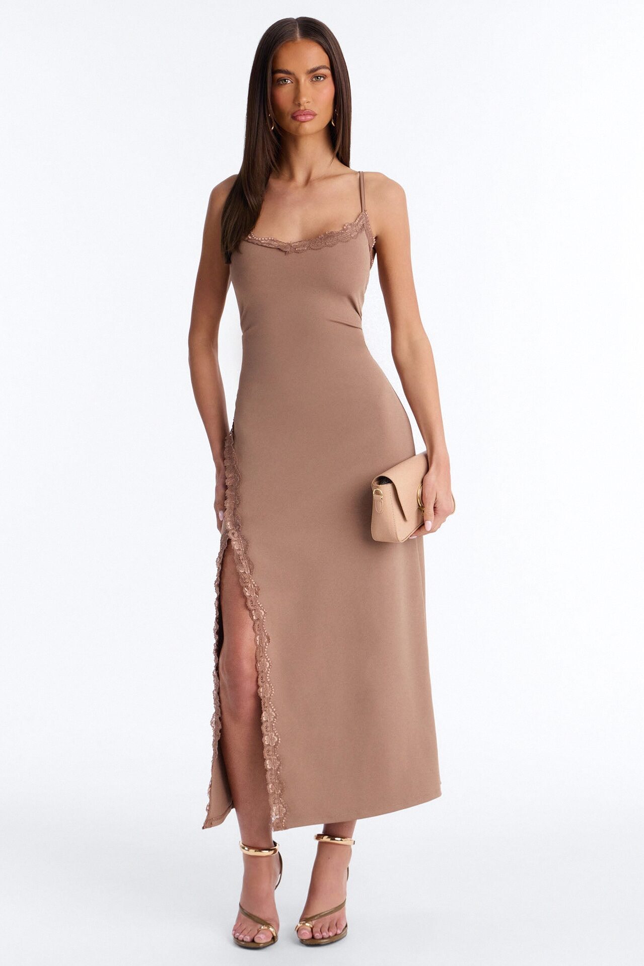 Mariana Lace Trim Midi Dress - Mocha