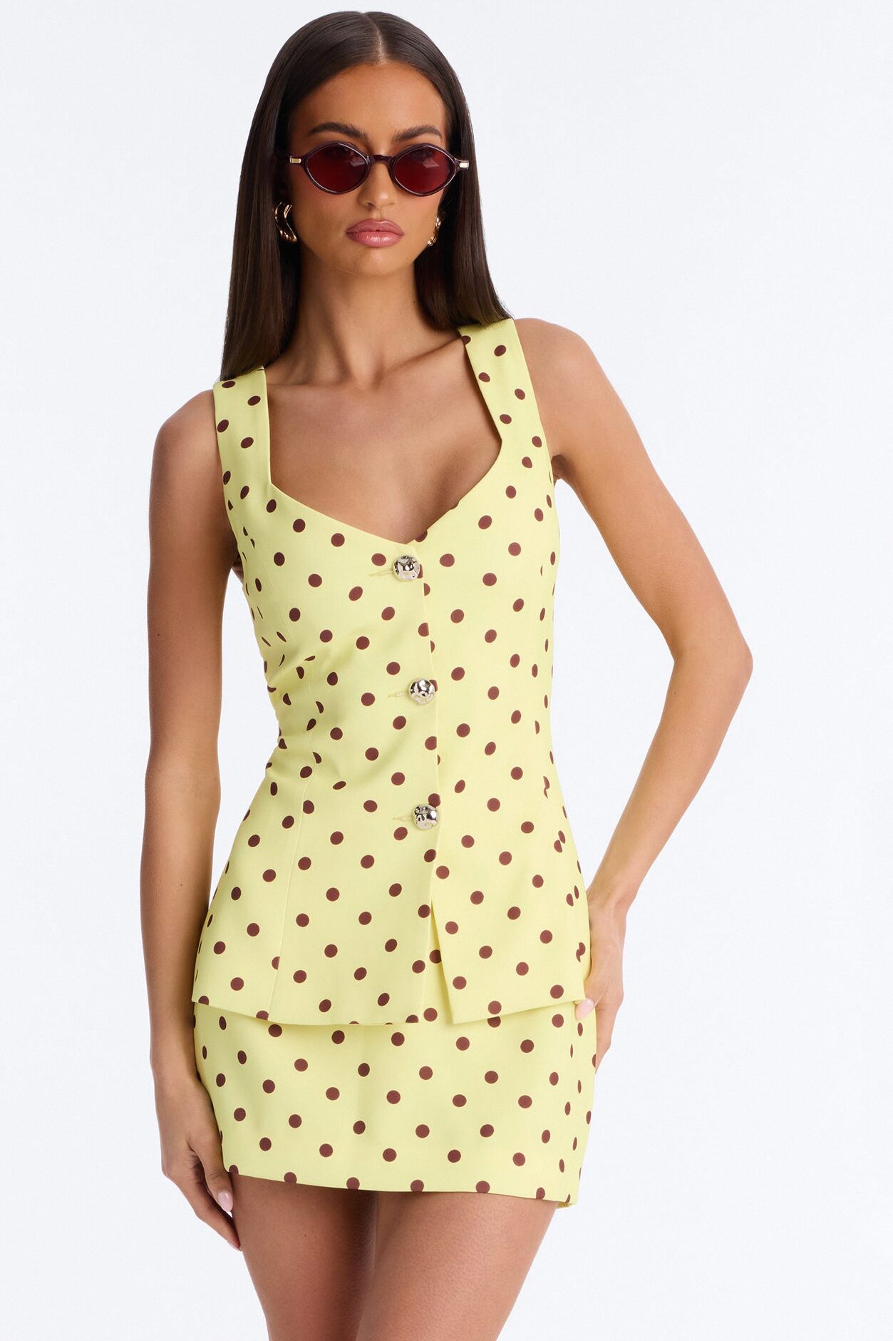 Cori Polka Dot Vest Mini Skirt Set - Yellow/combo