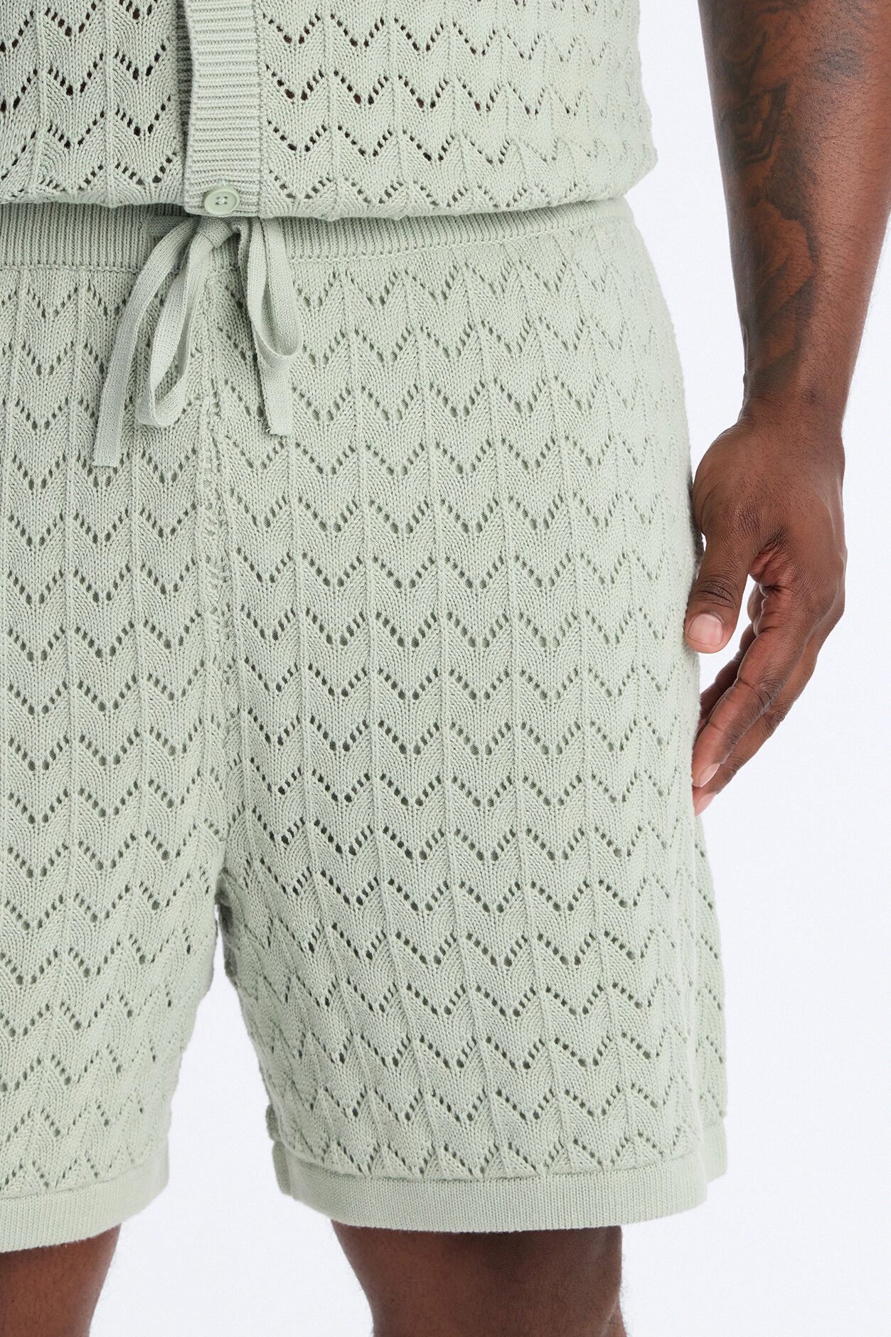 Waterfall Texture Open Knit Shorts - Sage
