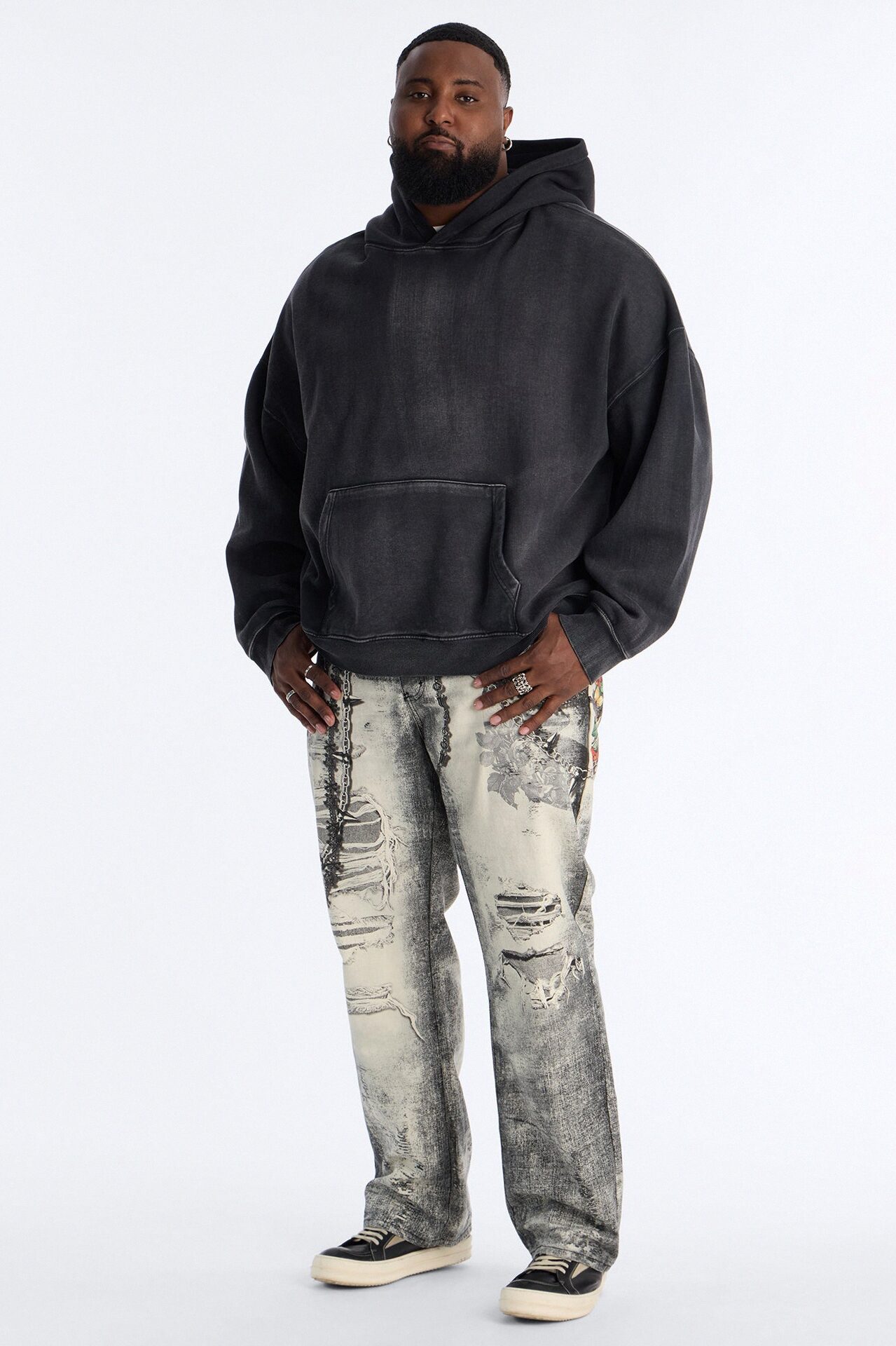 Smoke N Chains Printed Baggy Jean - Acid Wash Black