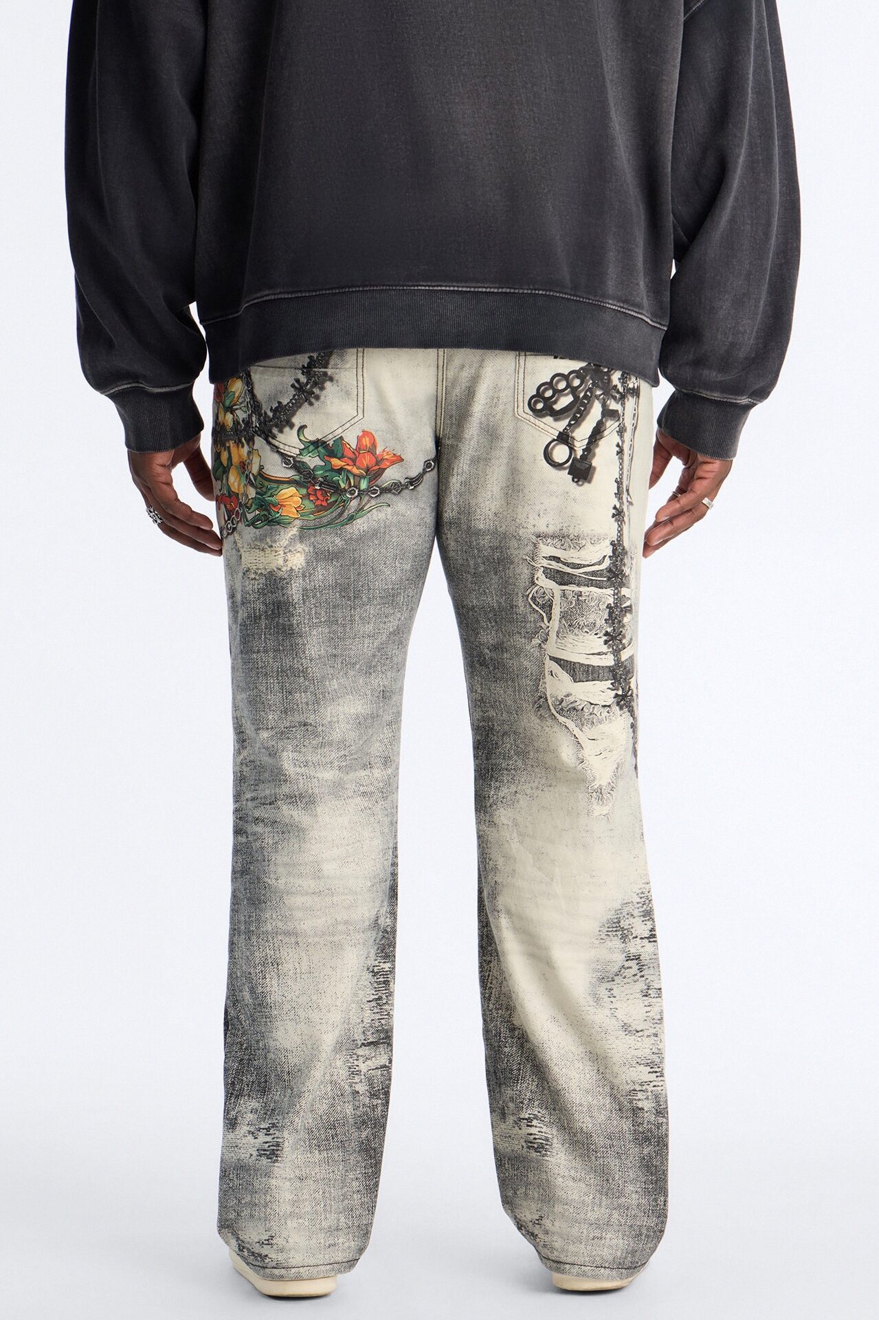 Smoke N Chains Printed Baggy Jean - Acid Wash Black