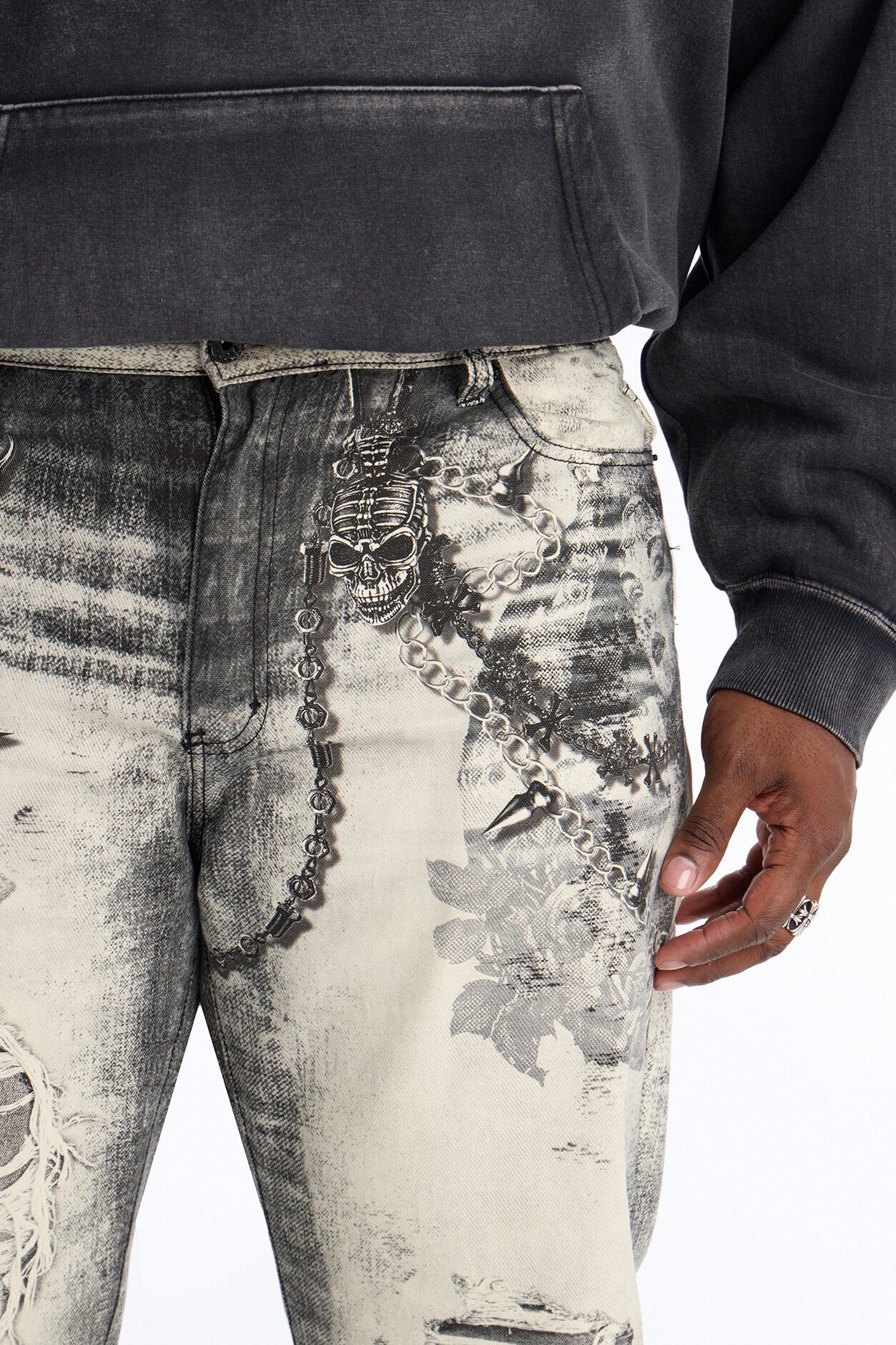 Smoke N Chains Printed Baggy Jean - Acid Wash Black