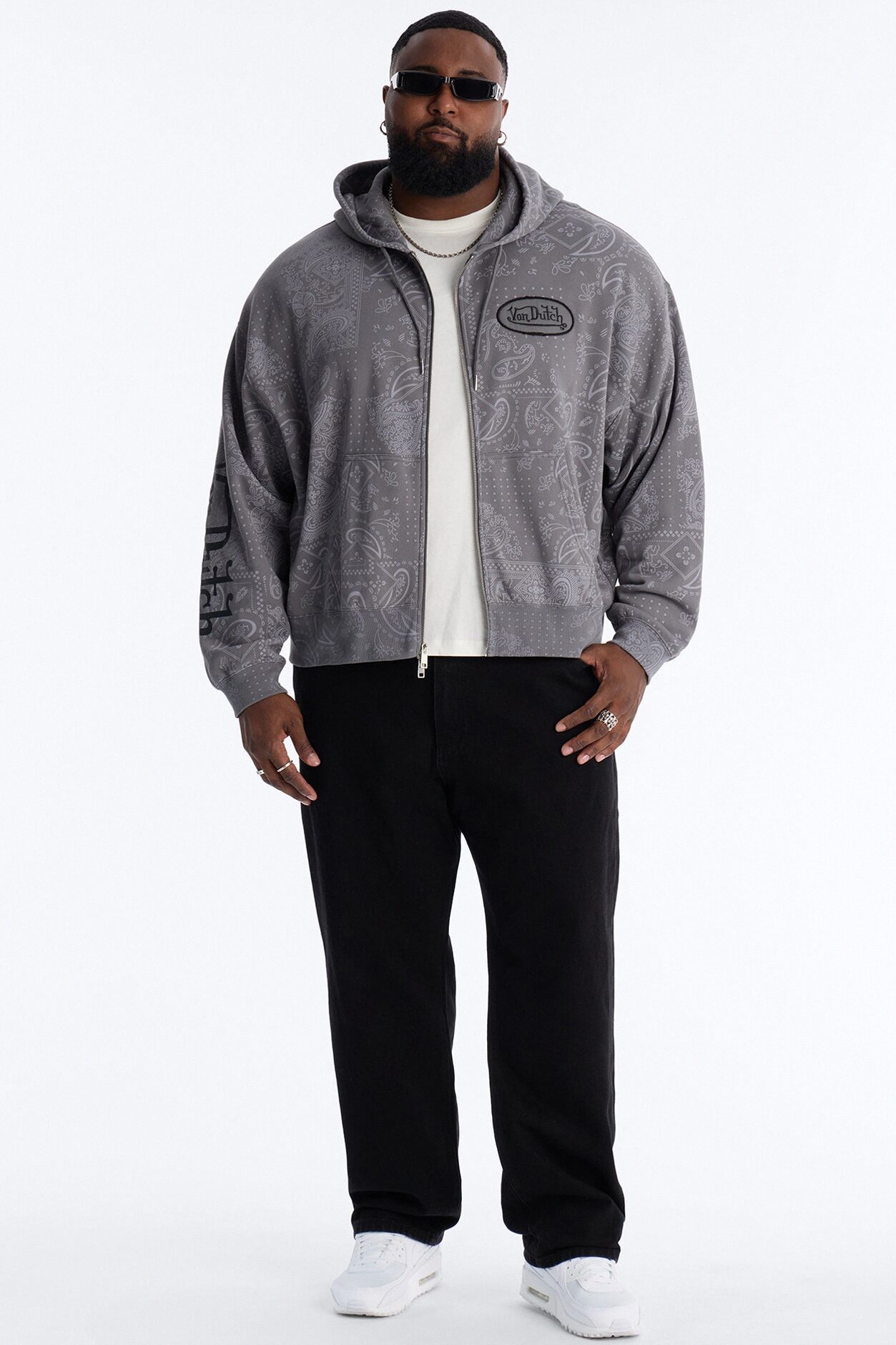 Von Dutch Chain Stitched Zip Up Hoodie - Charcoal