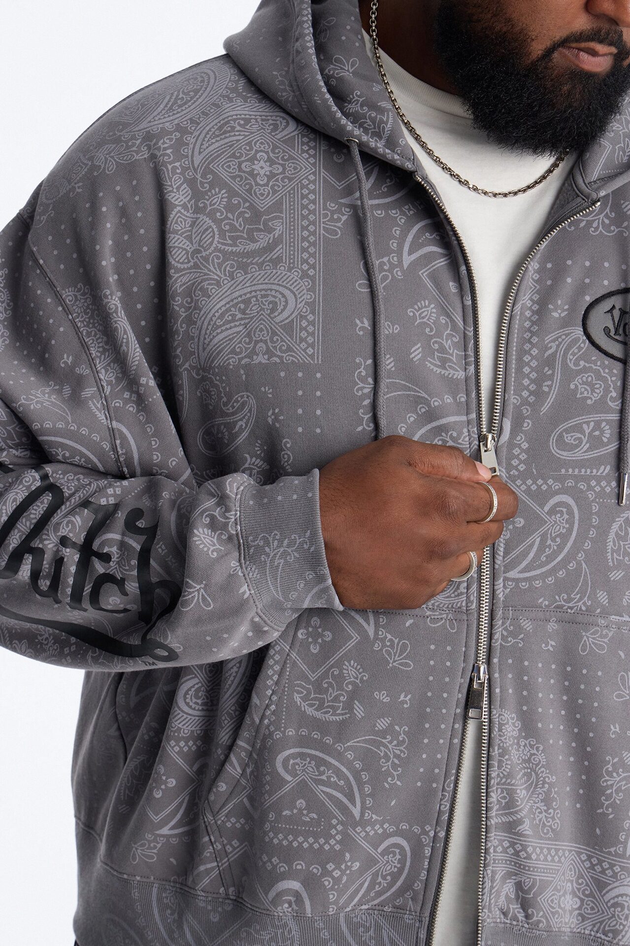 Von Dutch Chain Stitched Zip Up Hoodie - Charcoal