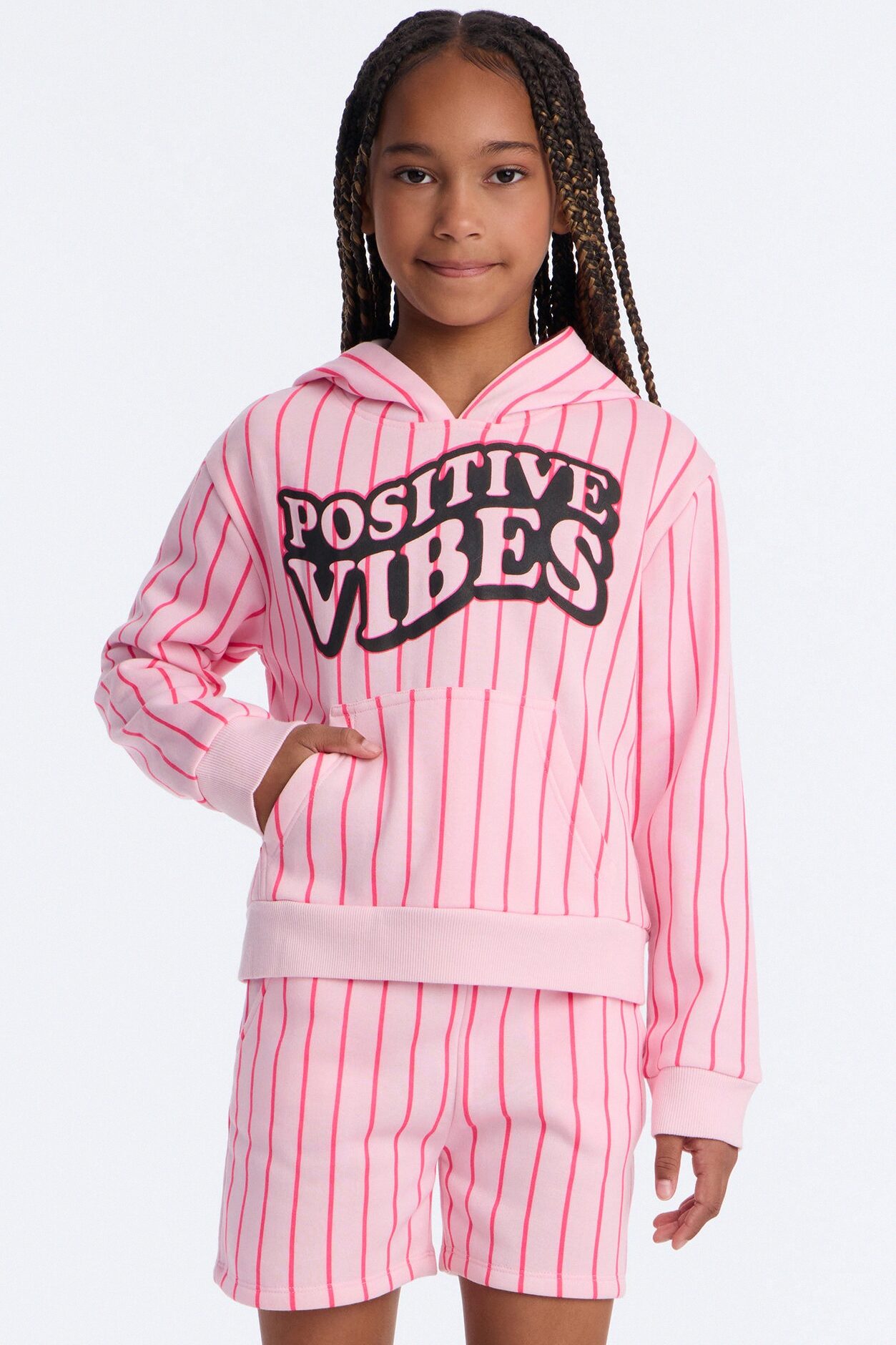 Mini Positive Vibes Striped Hoodie And Short Set - Pink/combo