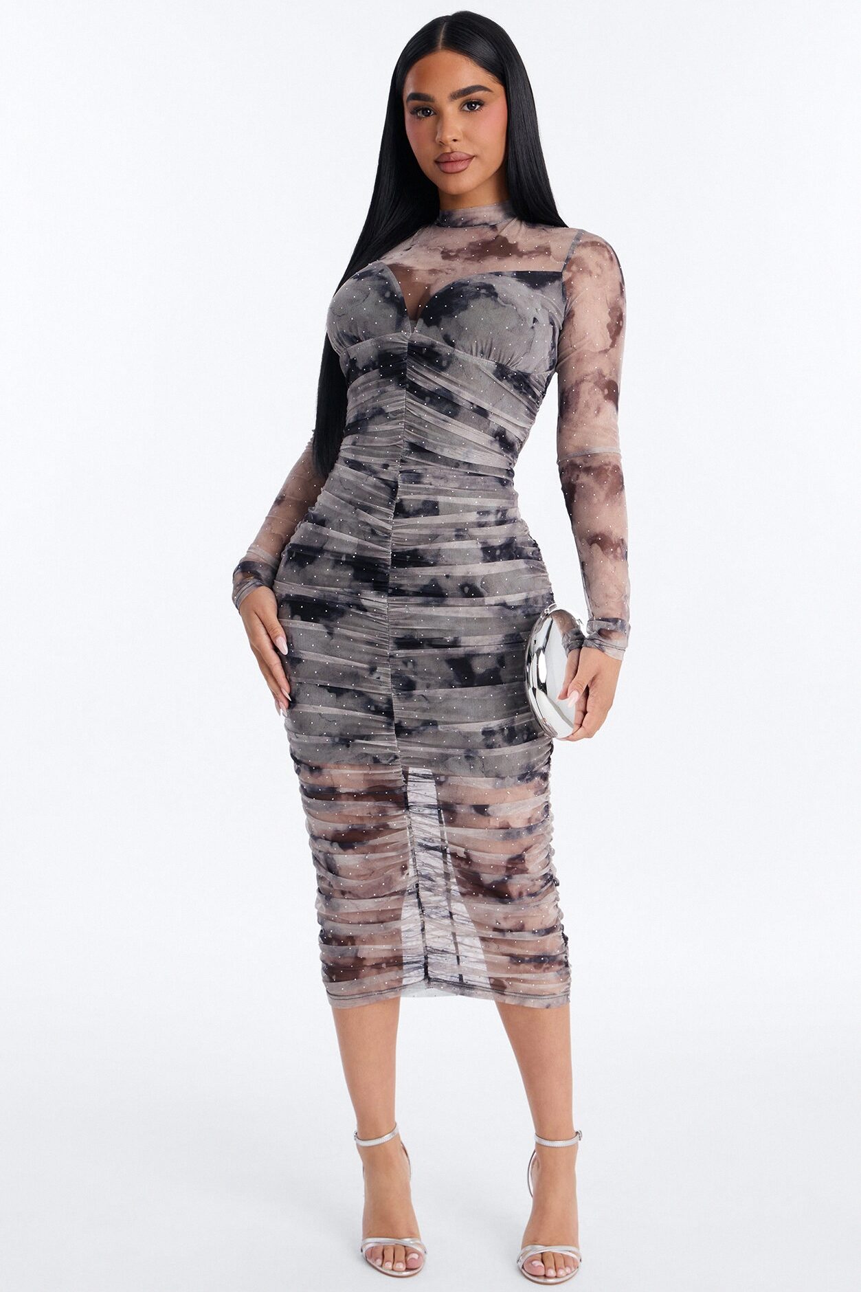 Hollie Rhinestone Mesh Midi Dress - Grey