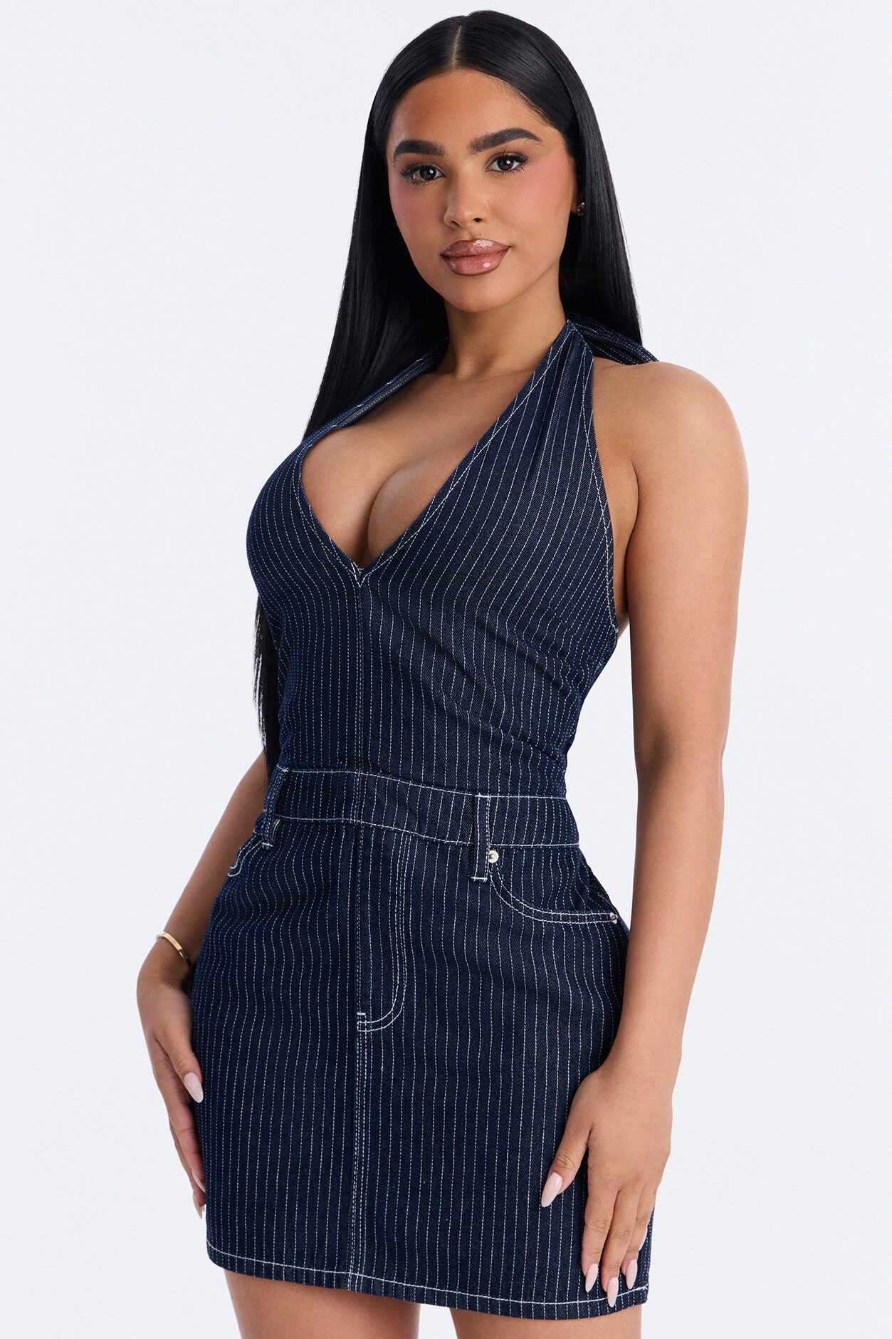 Alexa Halter Denim Mini Dress - Dark Wash