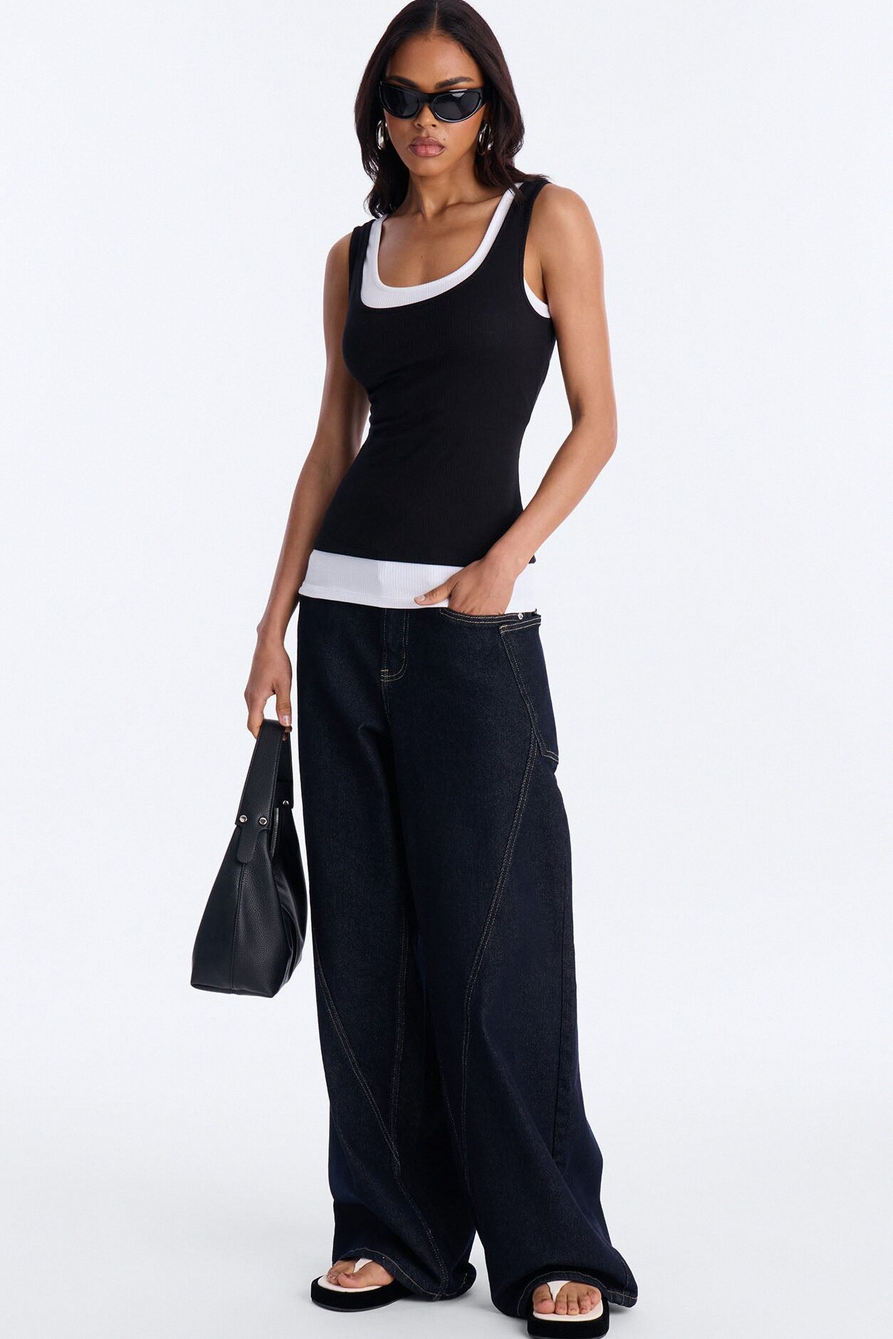 Ashlee Ribbed Layered Off Shoulder Tank Top - Black/White