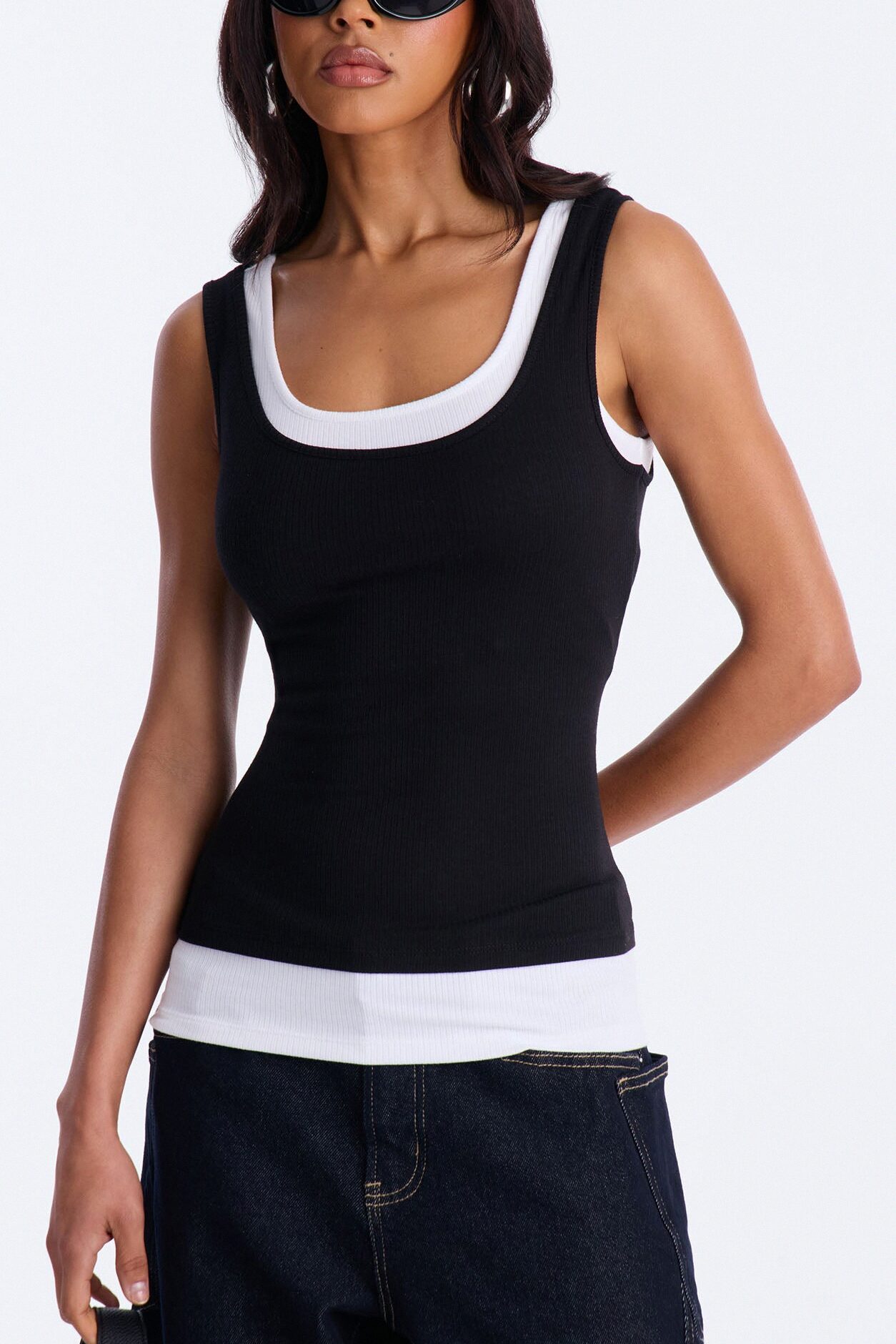 Ashlee Ribbed Layered Off Shoulder Tank Top - Black/White