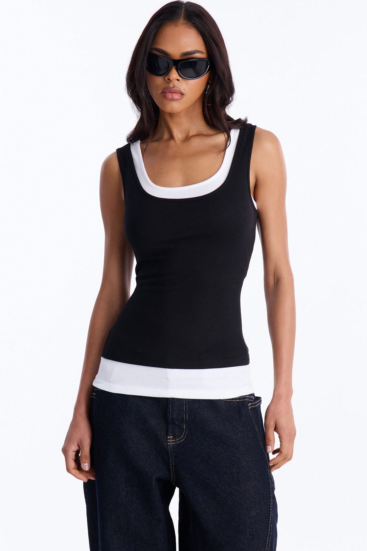 Ashlee Ribbed Layered Off Shoulder Tank Top - Black/White
