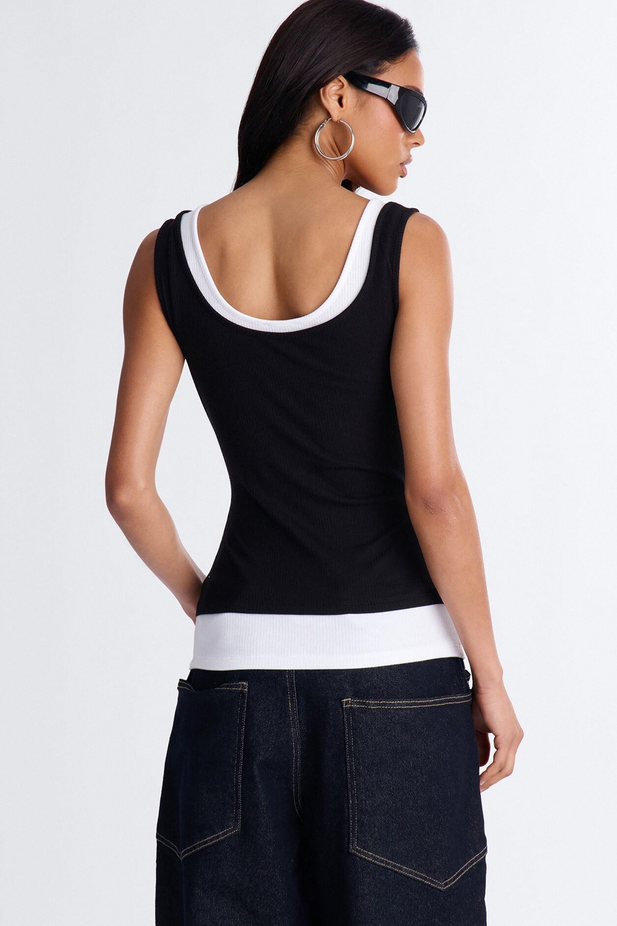 Ashlee Ribbed Layered Off Shoulder Tank Top - Black/White