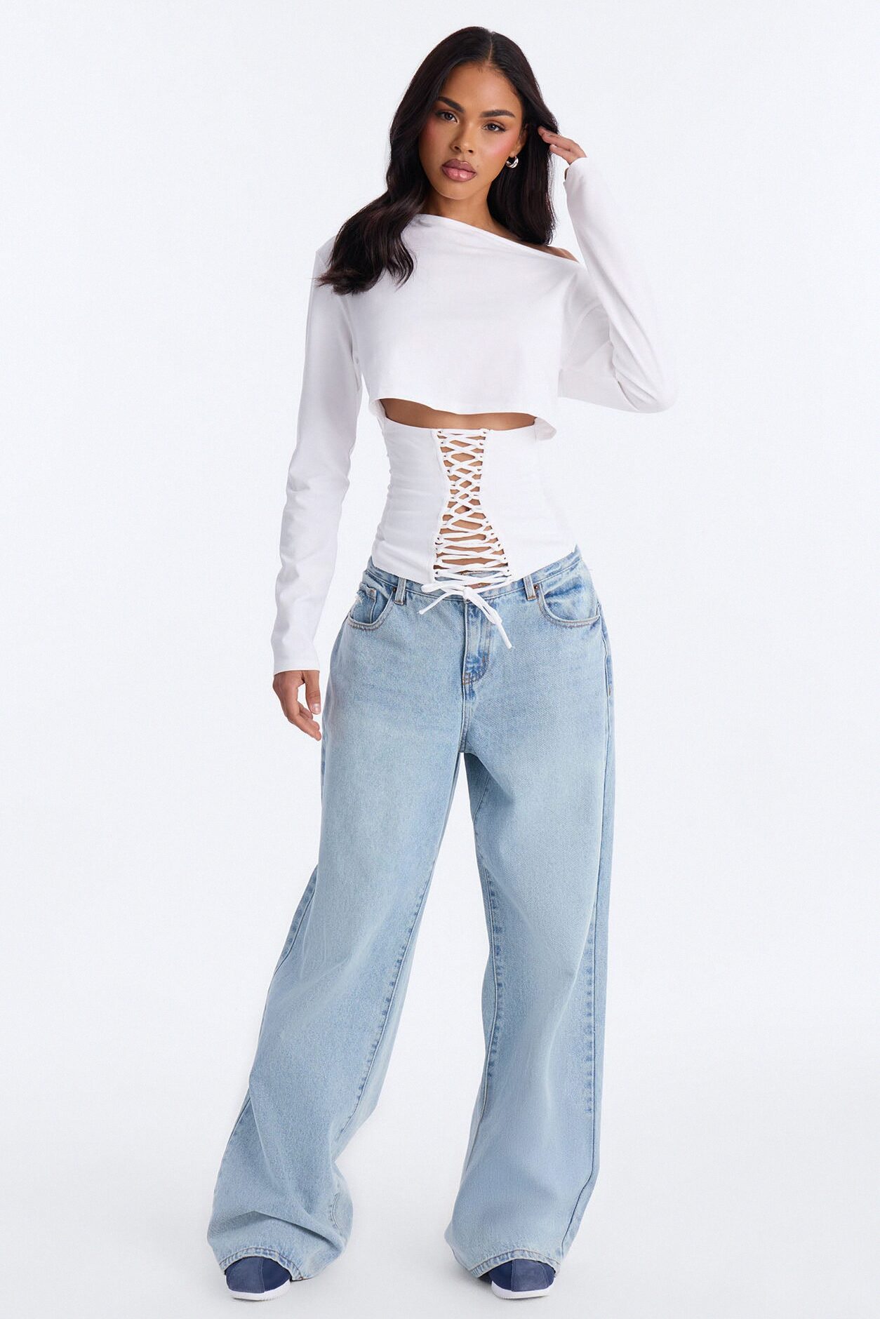 Olandria Off Shoulder Lace Up Long Sleeve Top - White