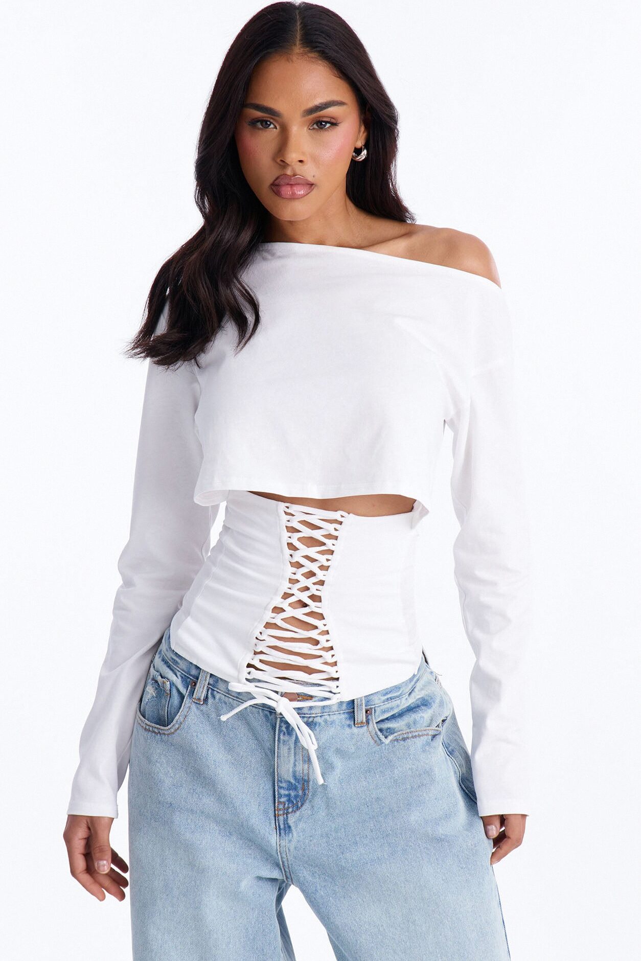 Olandria Off Shoulder Lace Up Long Sleeve Top - White