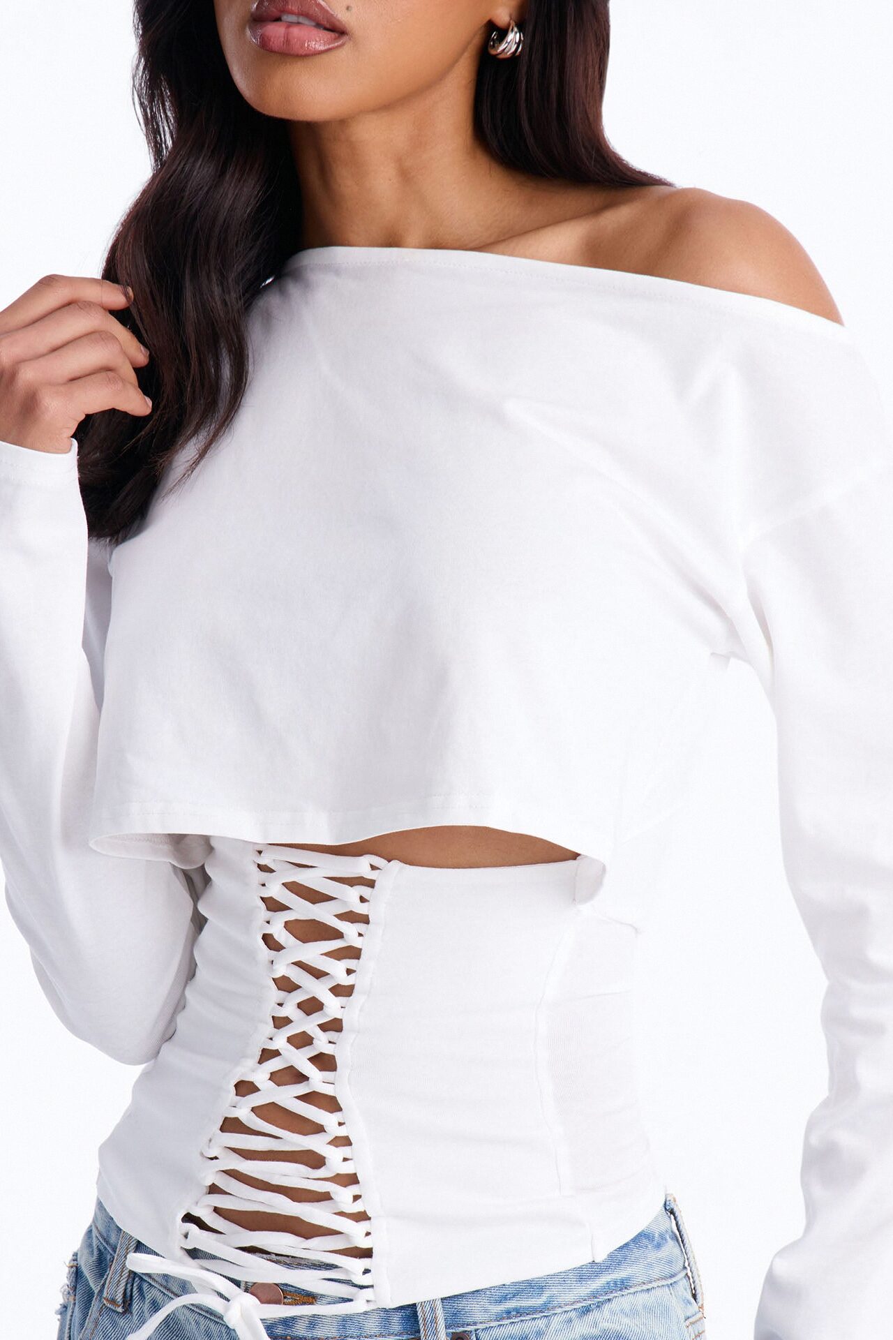 Olandria Off Shoulder Lace Up Long Sleeve Top - White