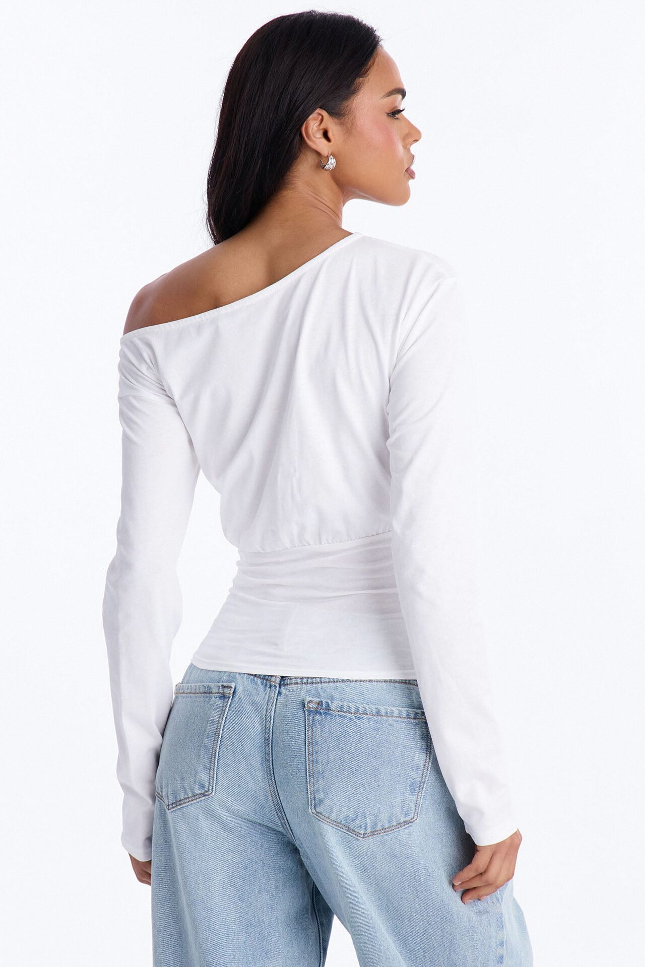Olandria Off Shoulder Lace Up Long Sleeve Top - White