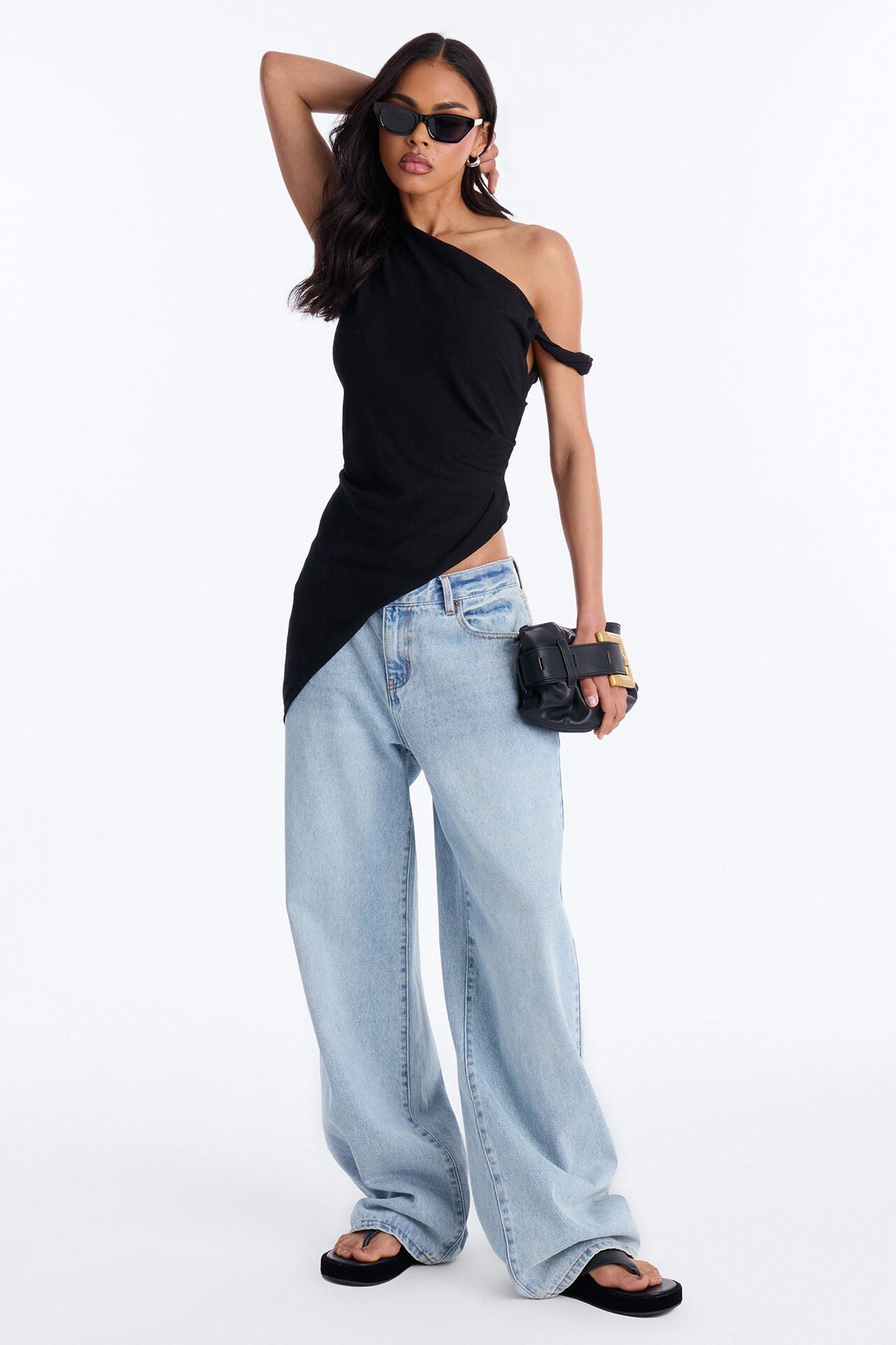 Butter And Baguettes Only One Shoulder Linen Top - Black