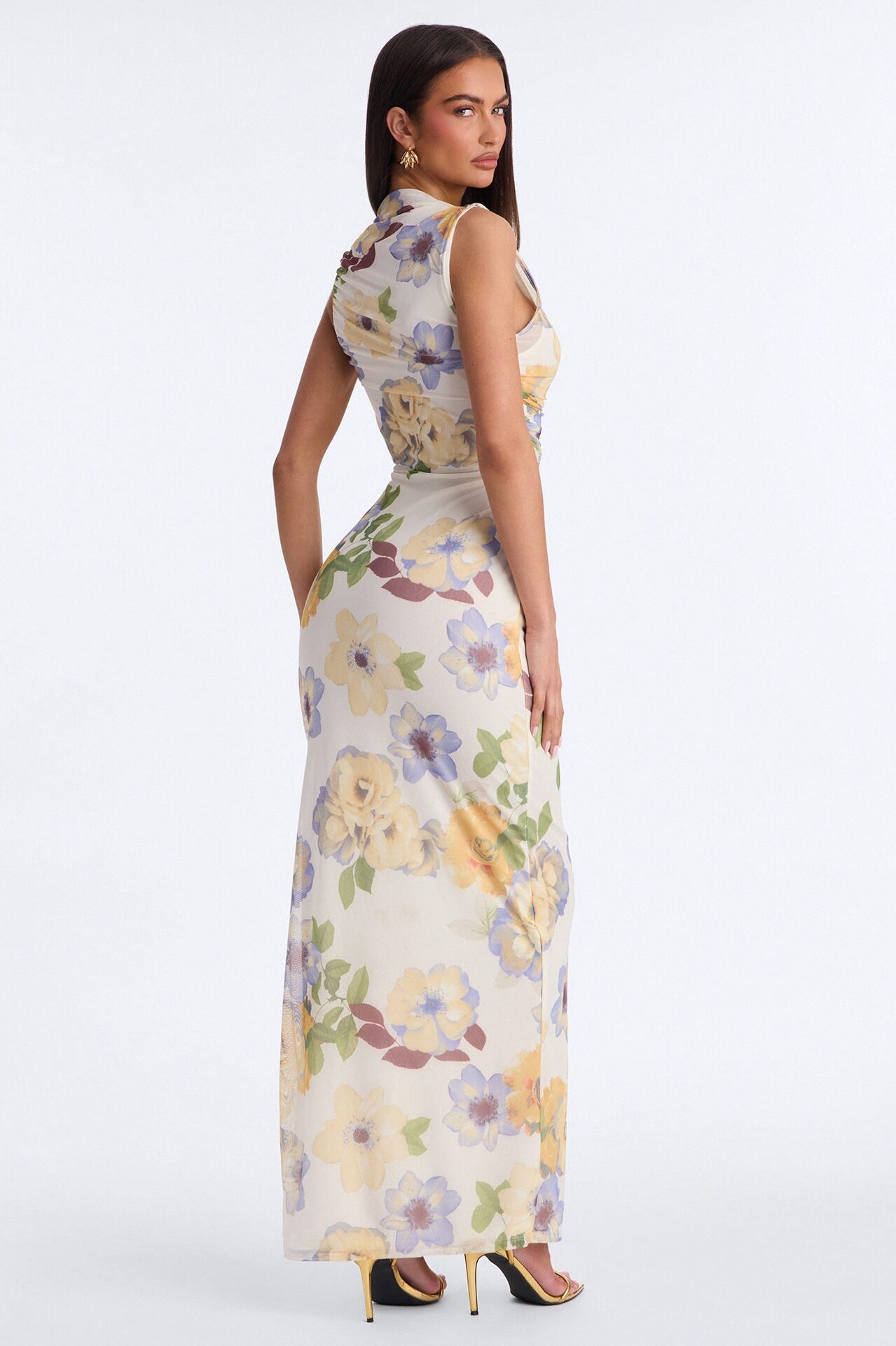 Skyla Ruched Mesh Maxi Dress - Yellow/combo