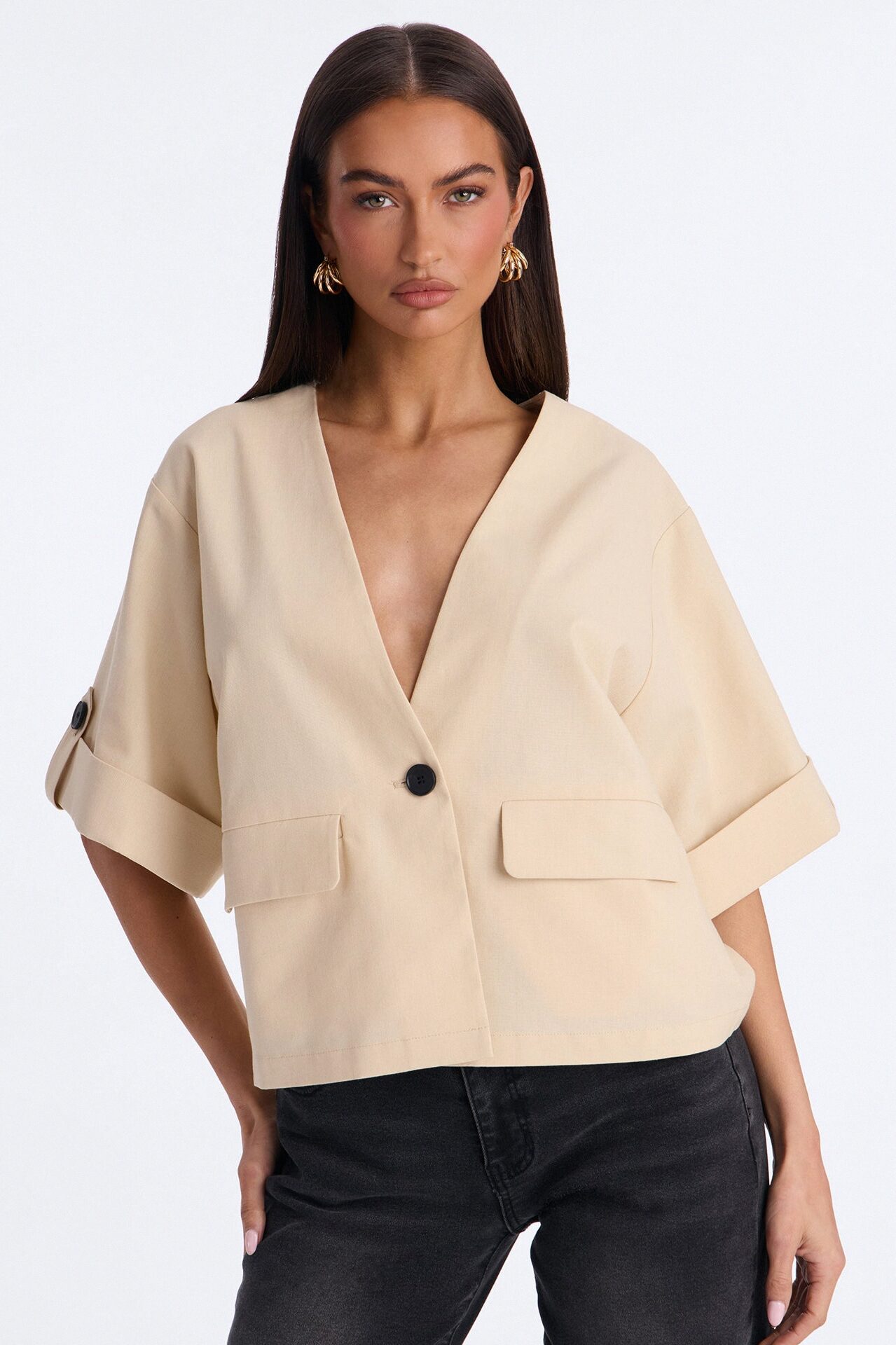 Ready When You Are Cuffed Linen Top - Beige