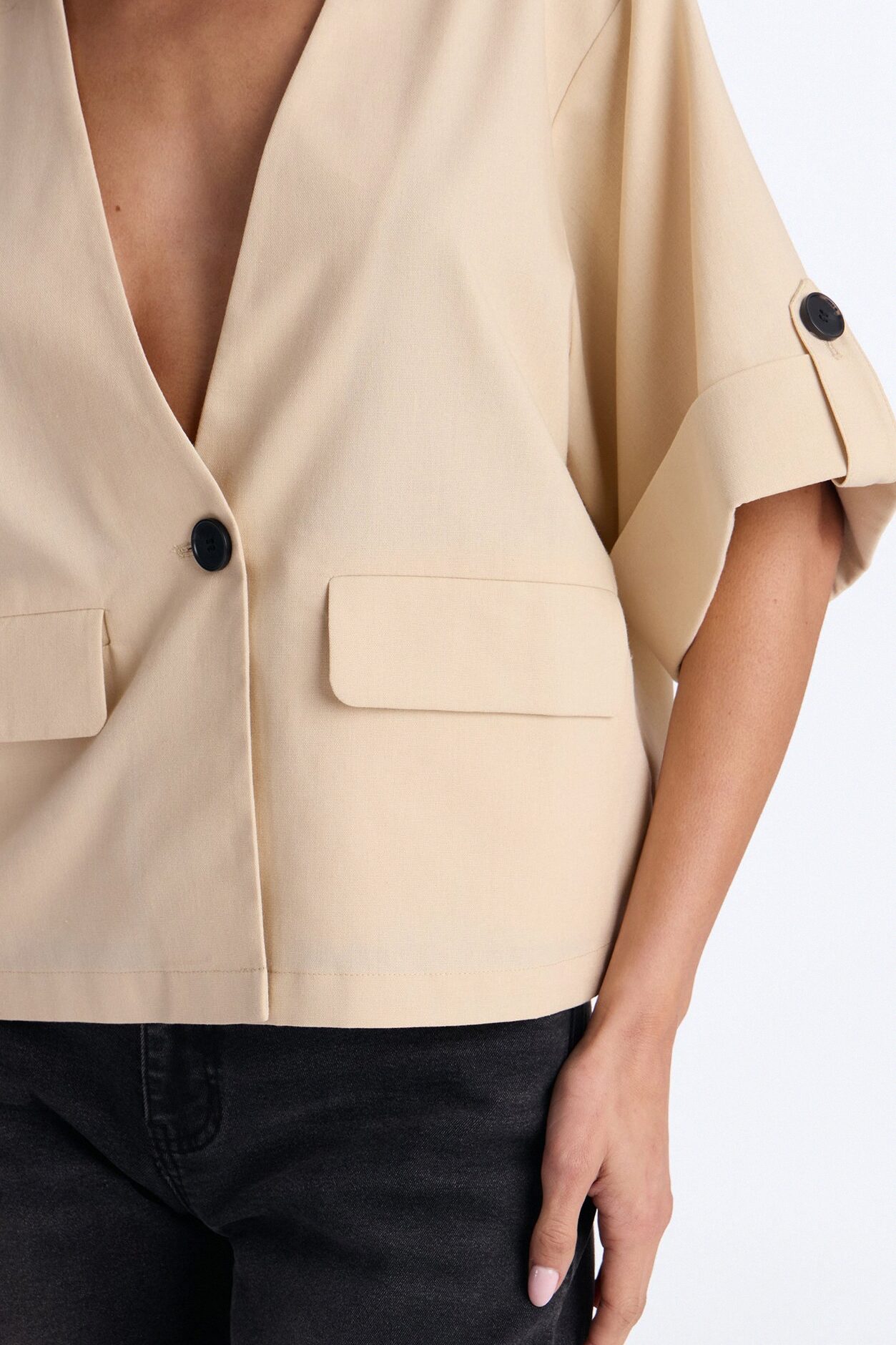 Ready When You Are Cuffed Linen Top - Beige