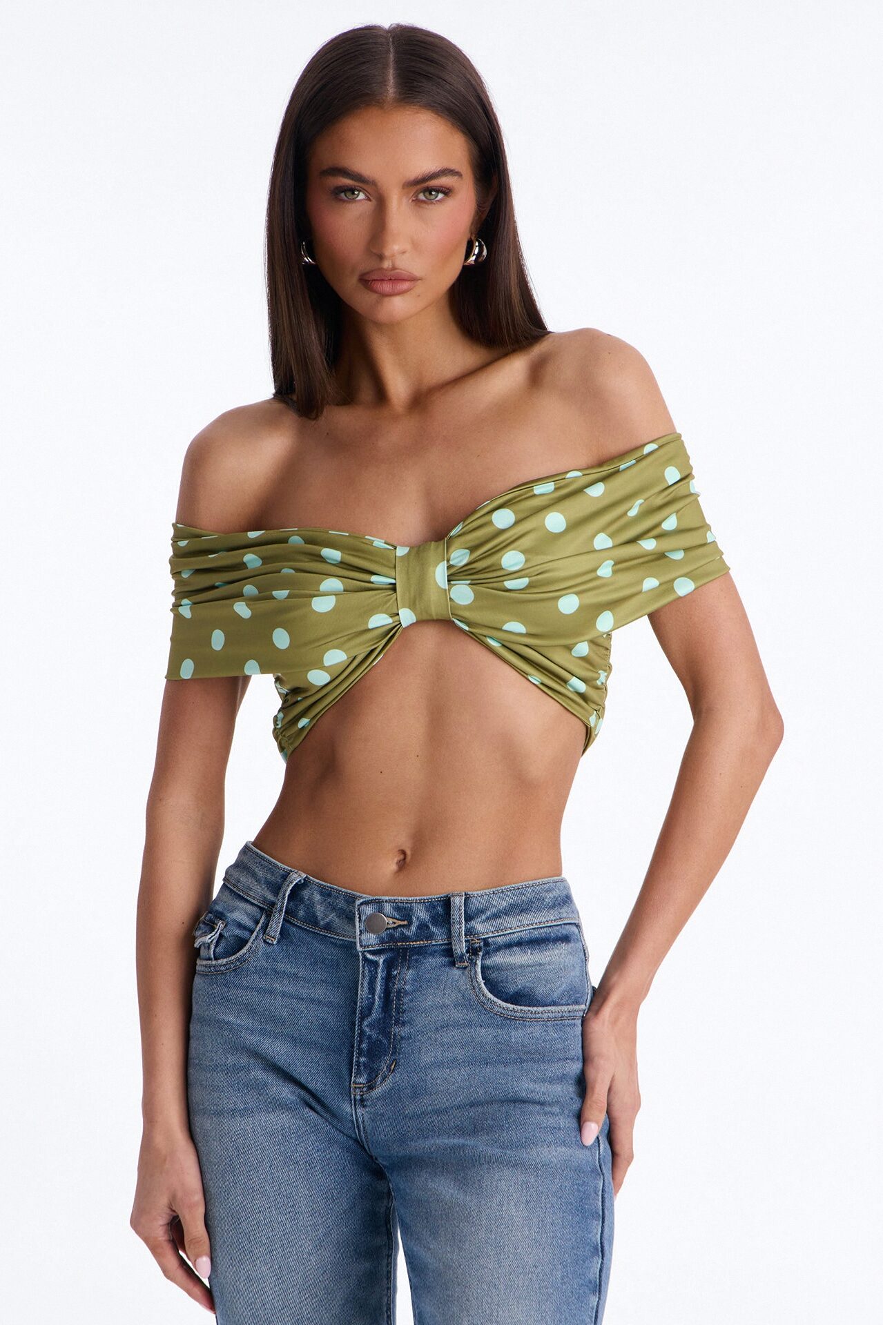 Nina Off Shoulder Ruched Polka Dot Crop Top - Olive/combo