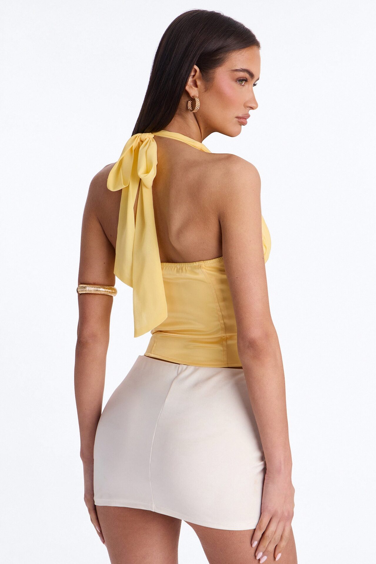 All Eyes Here Tie Neck Satin Halter Top - Yellow